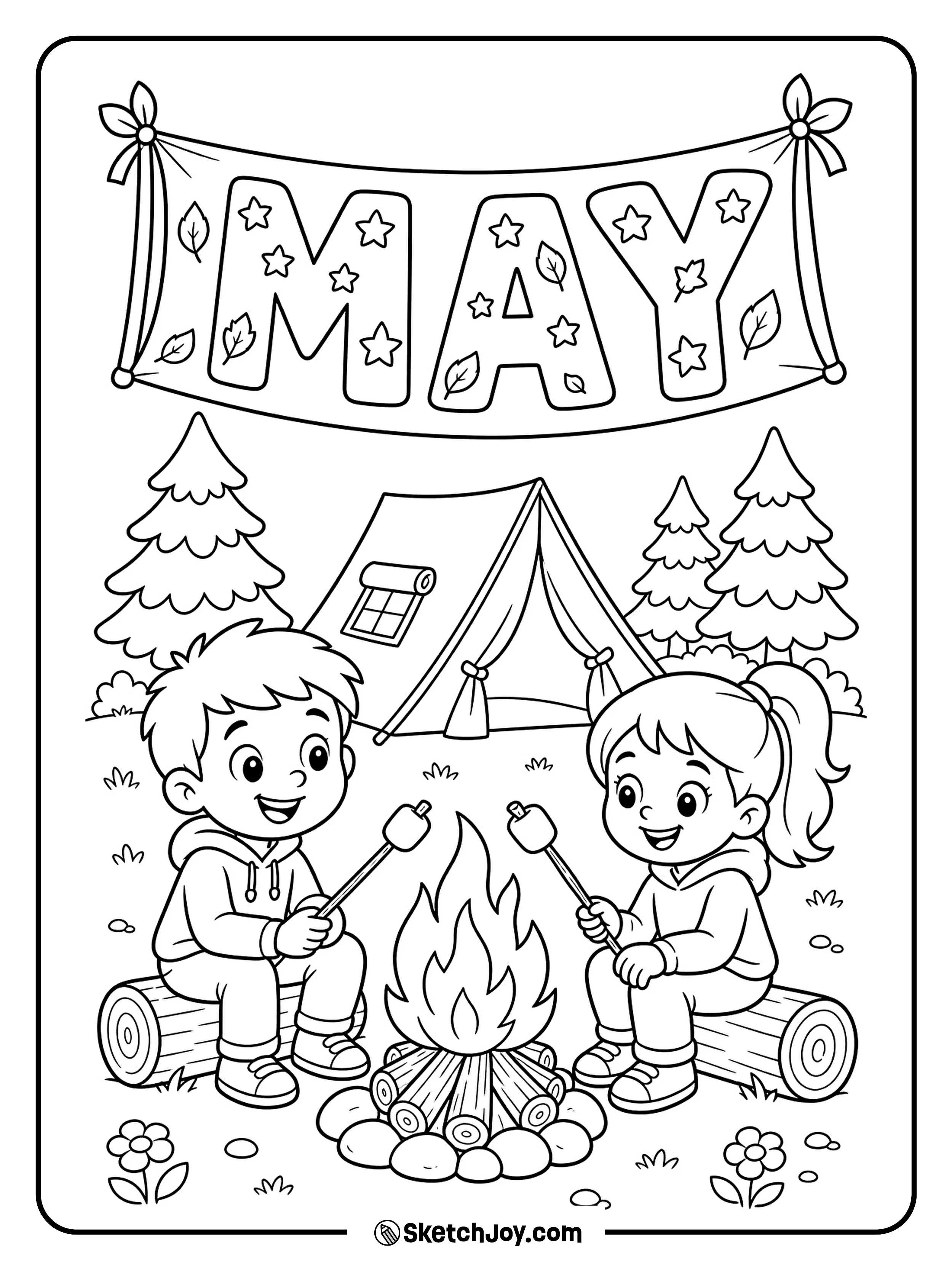 Friends sit by a campfire under a bold MAY banner.
