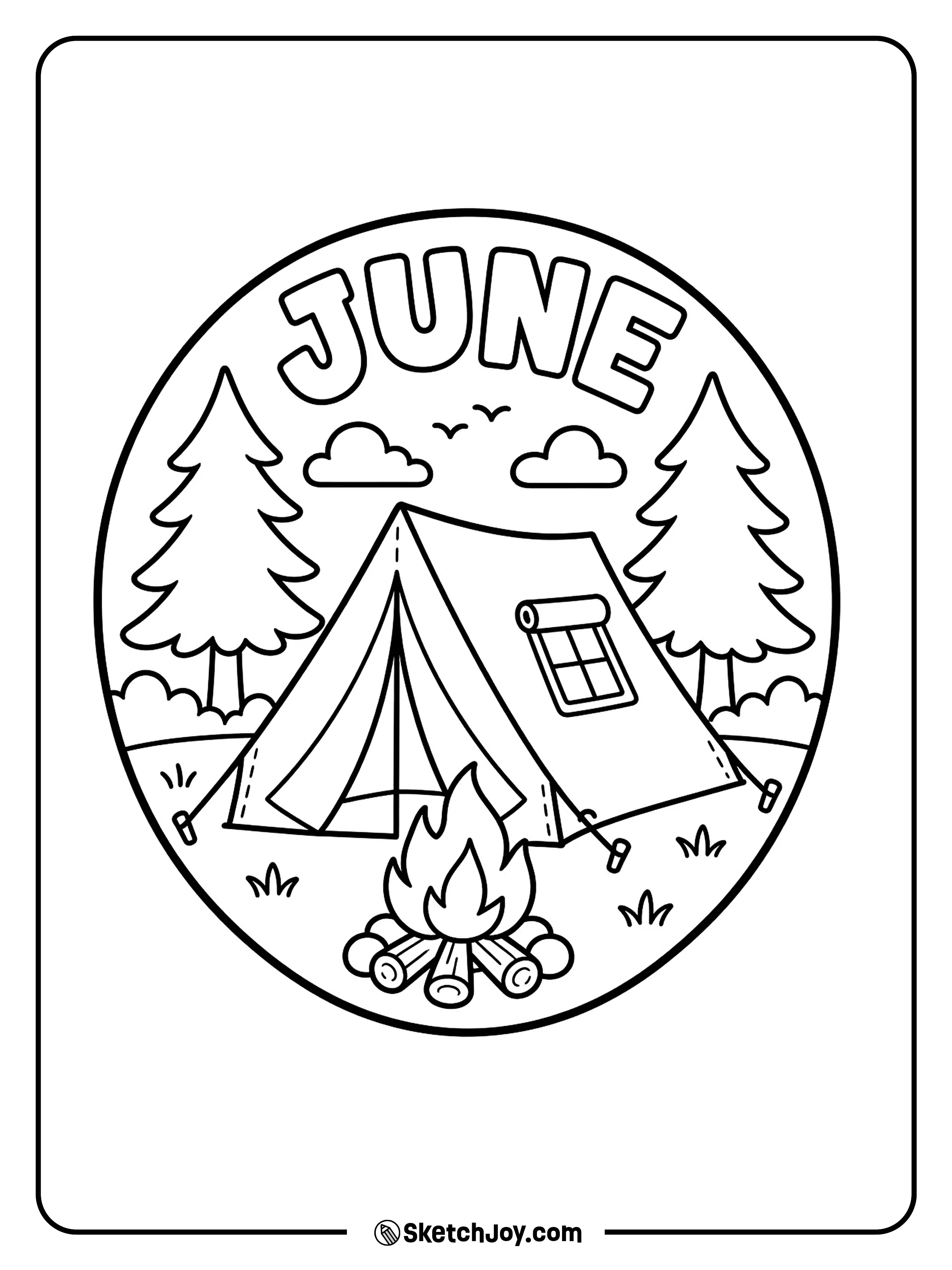 A tent and campfire give the word a cozy summer feel.