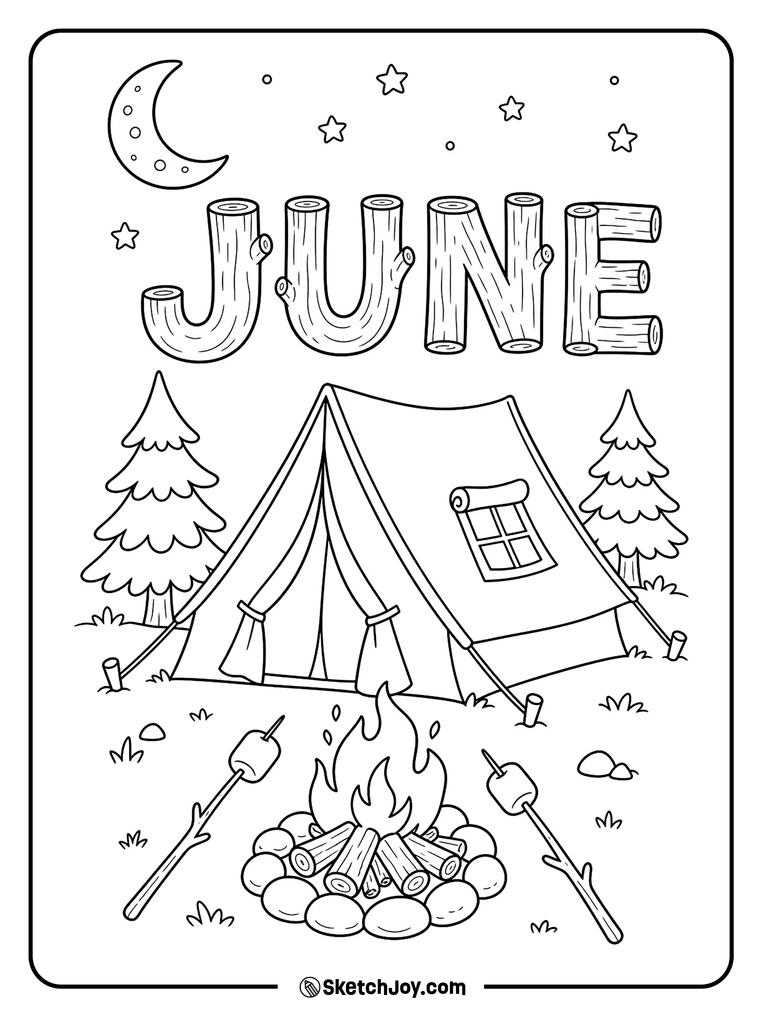 A tent and fire sit under a calm sky.