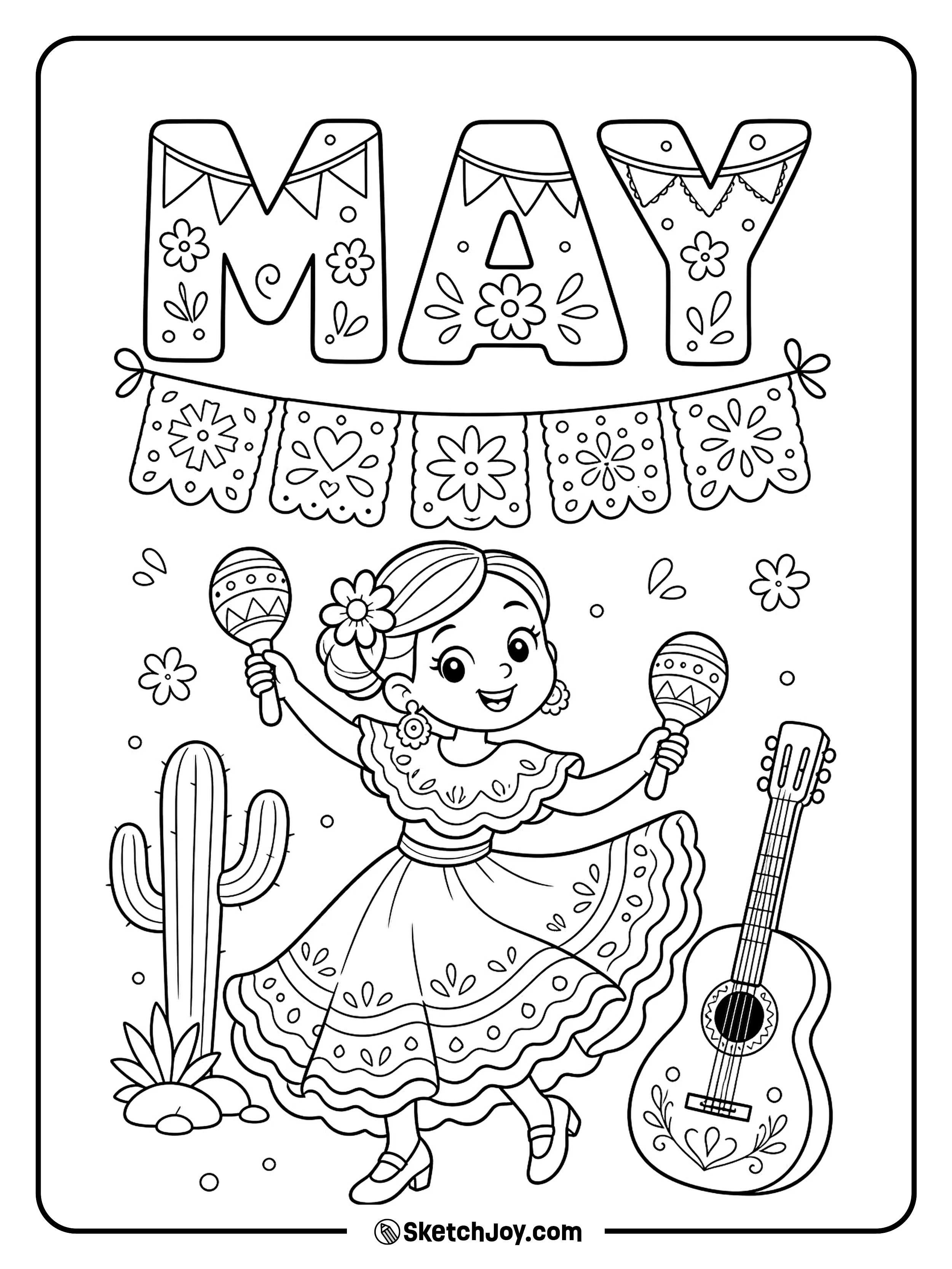 A dancer twirls in a fun fiesta scene with bright MAY letters.