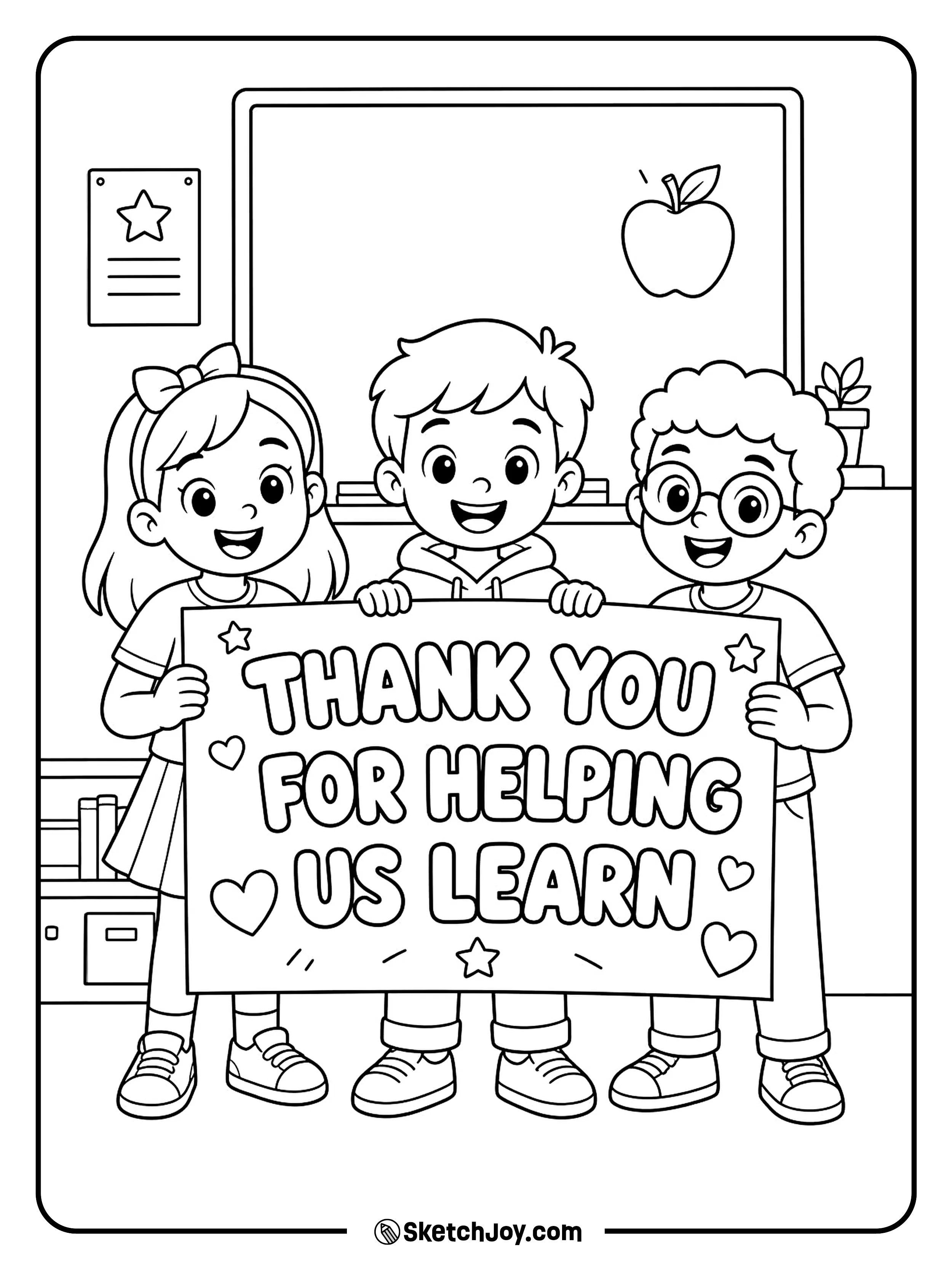Students hold a big thank-you poster for their teacher.