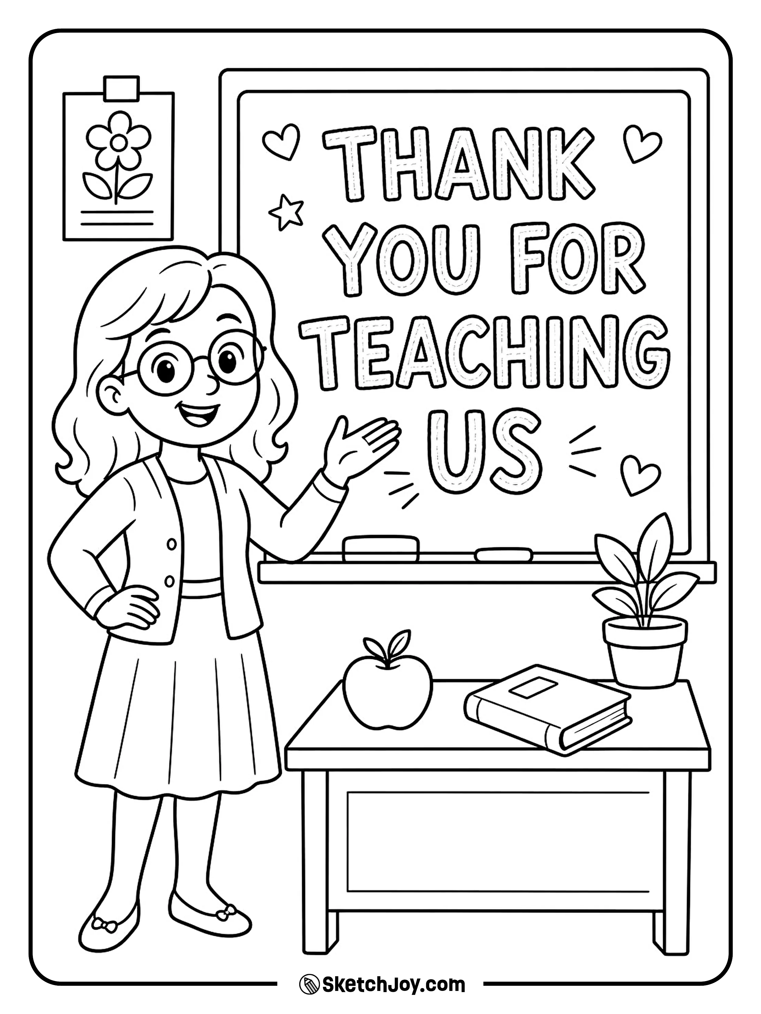 A teacher stands near a board filled with thanks.
