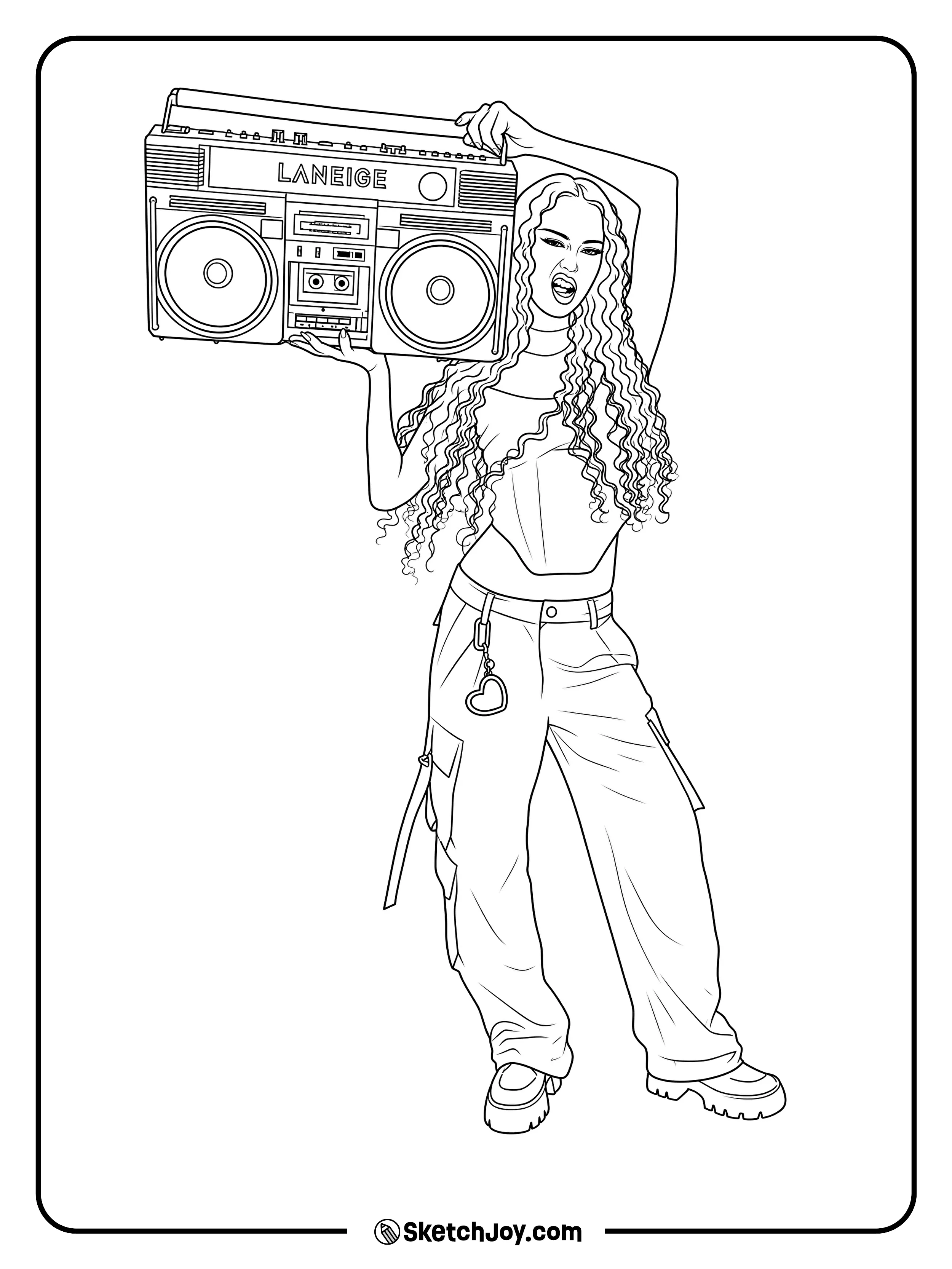 Daniela holds up a big boombox with a fierce look.