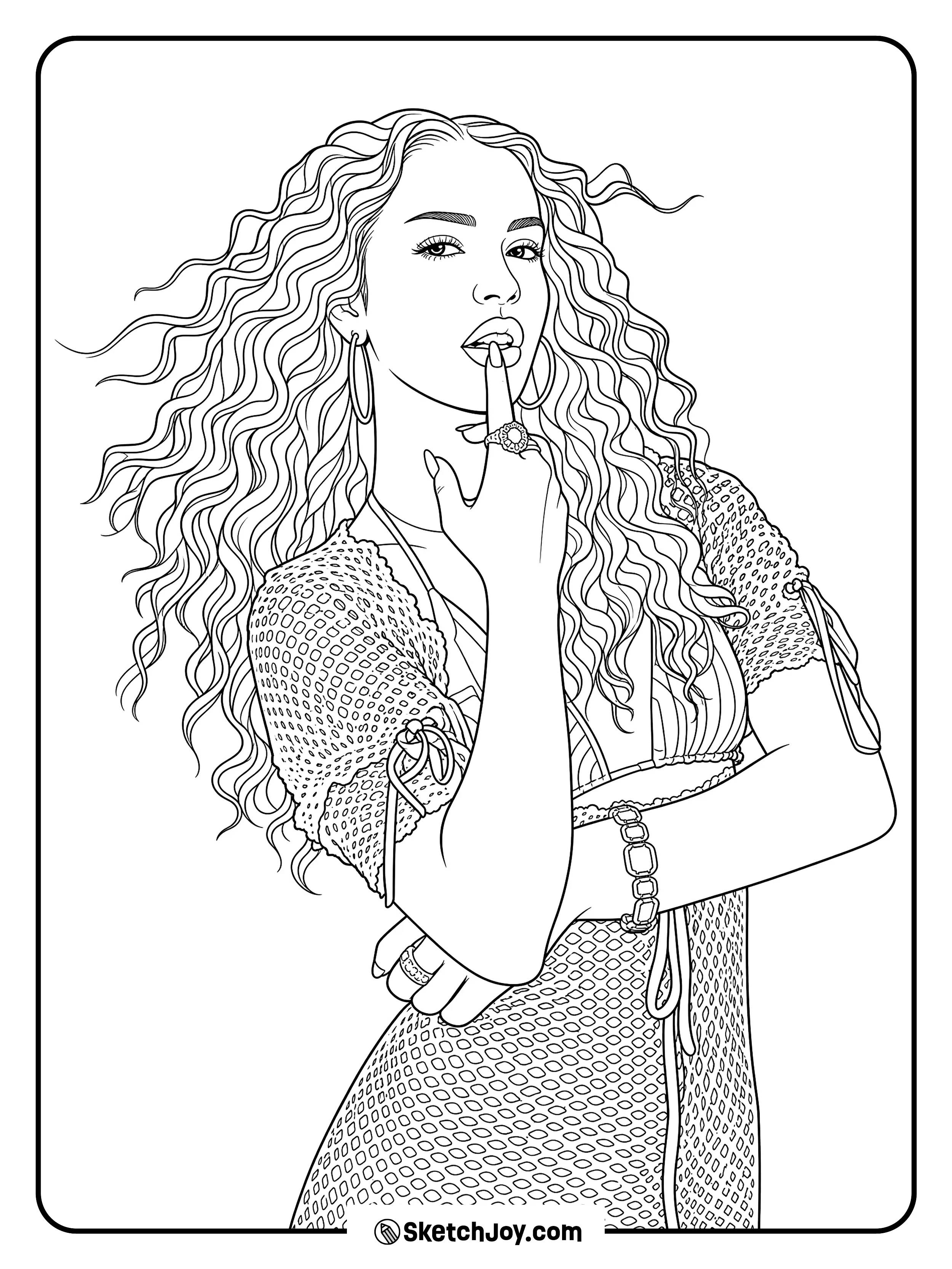 Daniela poses with a bold look and her finger near her lips.