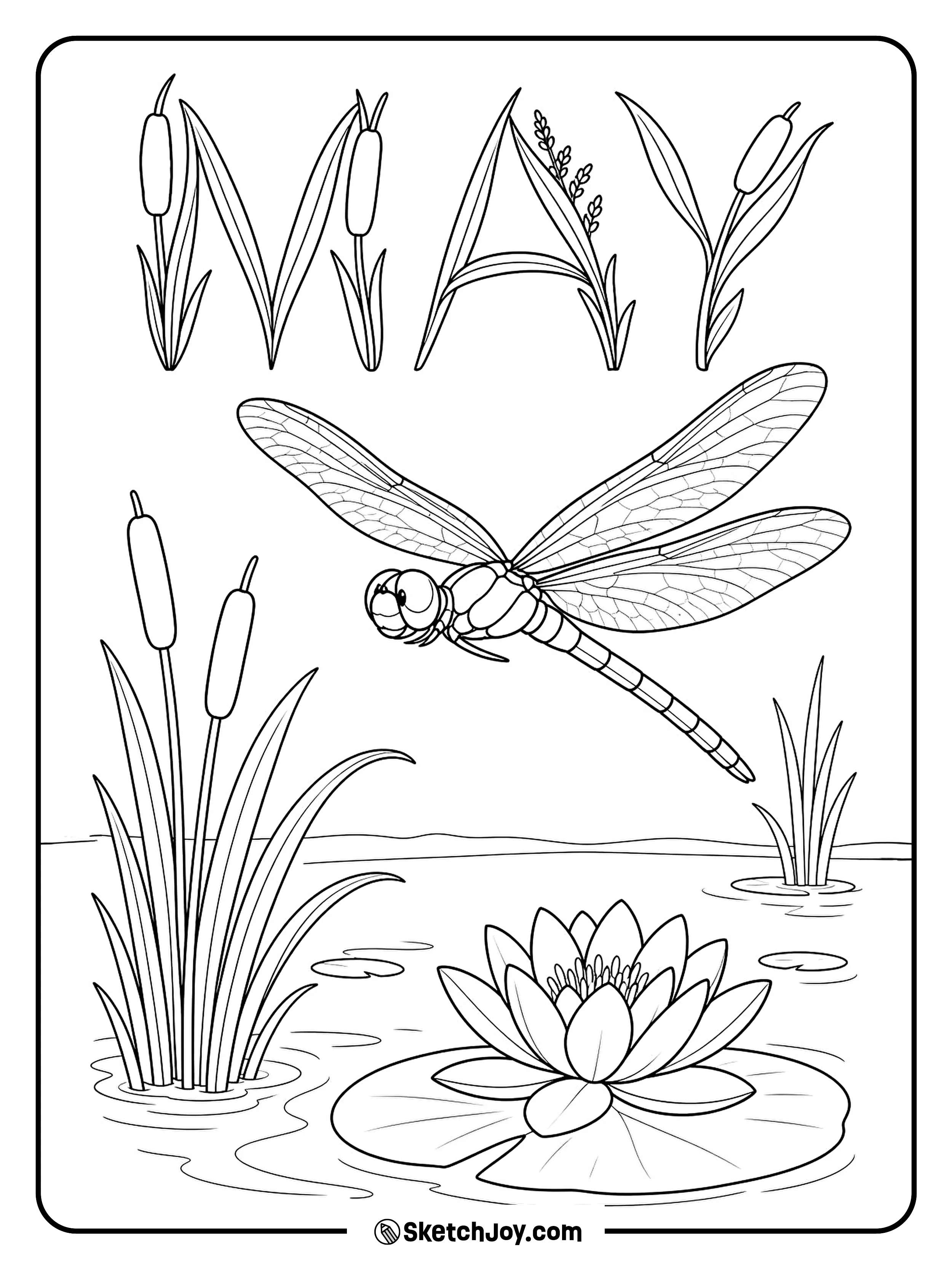 A dragonfly glides over a pond with calm MAY letters nearby.