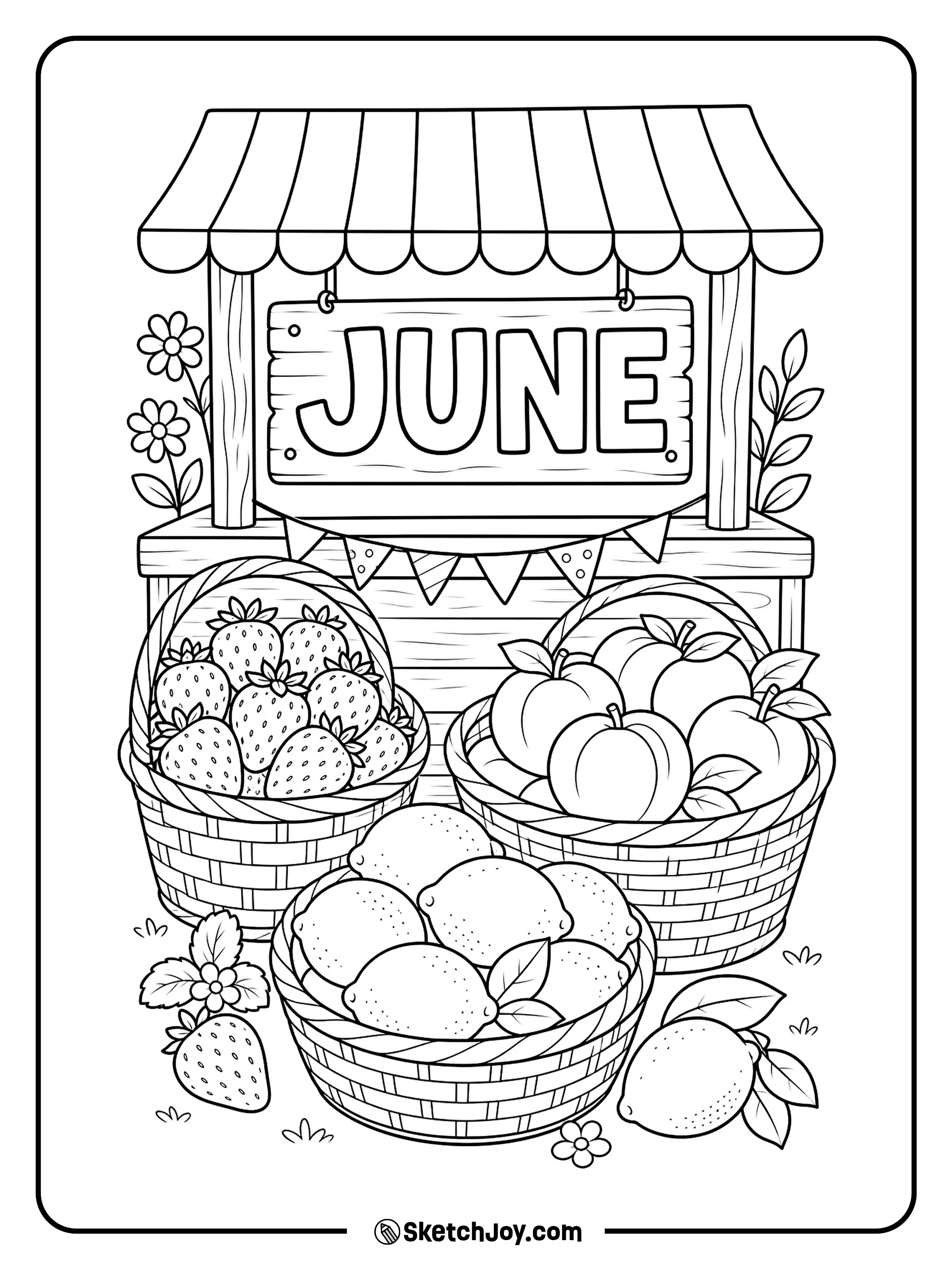 Fruit baskets line a bright market stand.