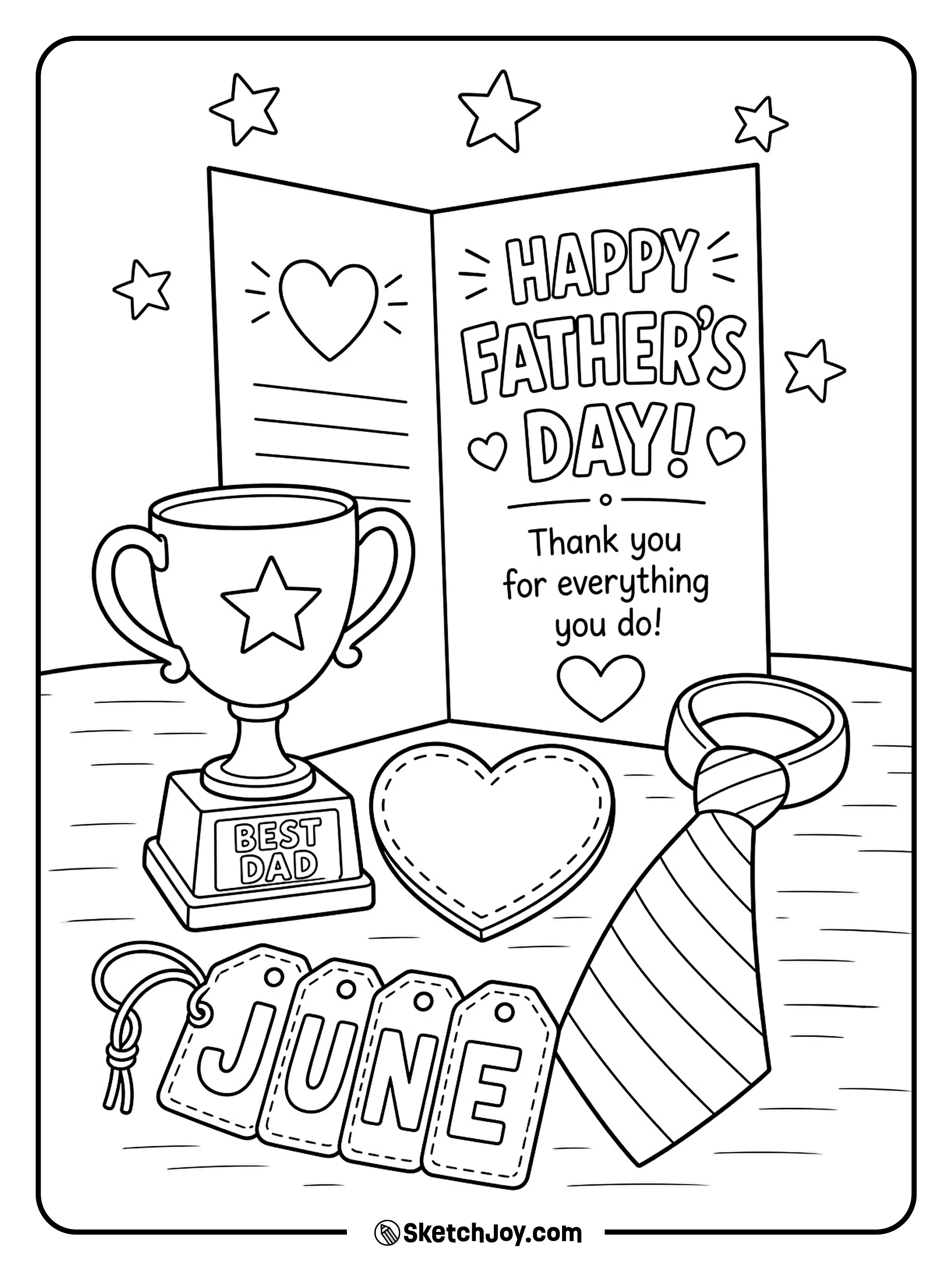 A handmade card sits beside a trophy and heart.
