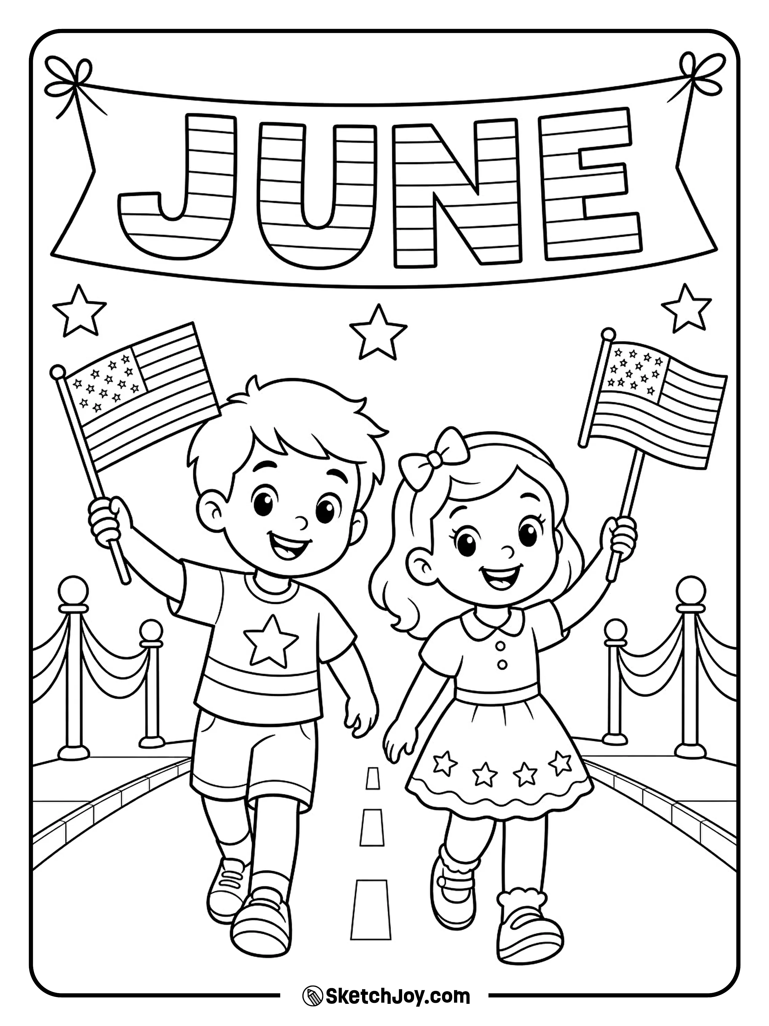 Small flags wave in a bright parade scene.