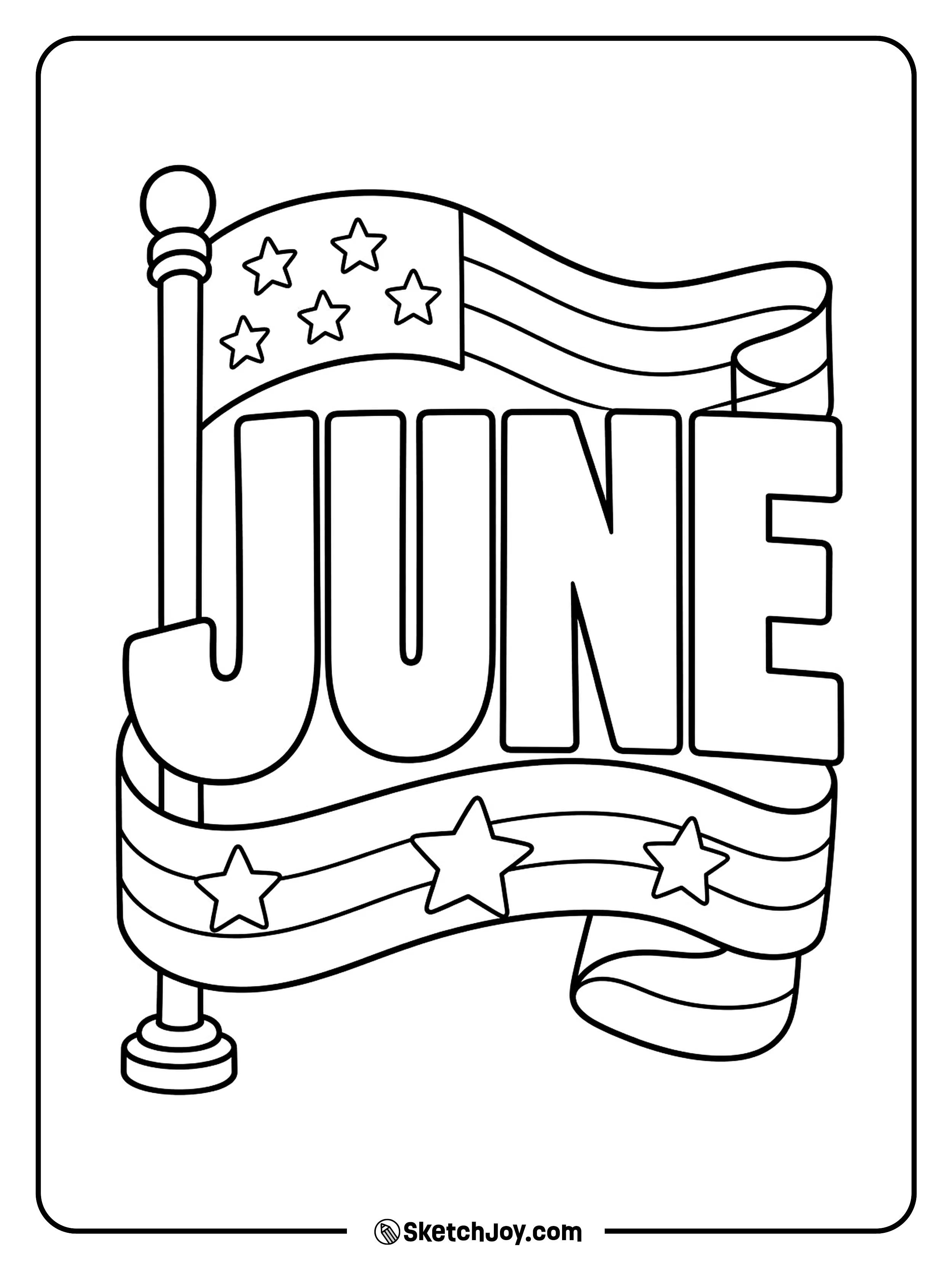 A waving flag ribbon wraps around strong letters.