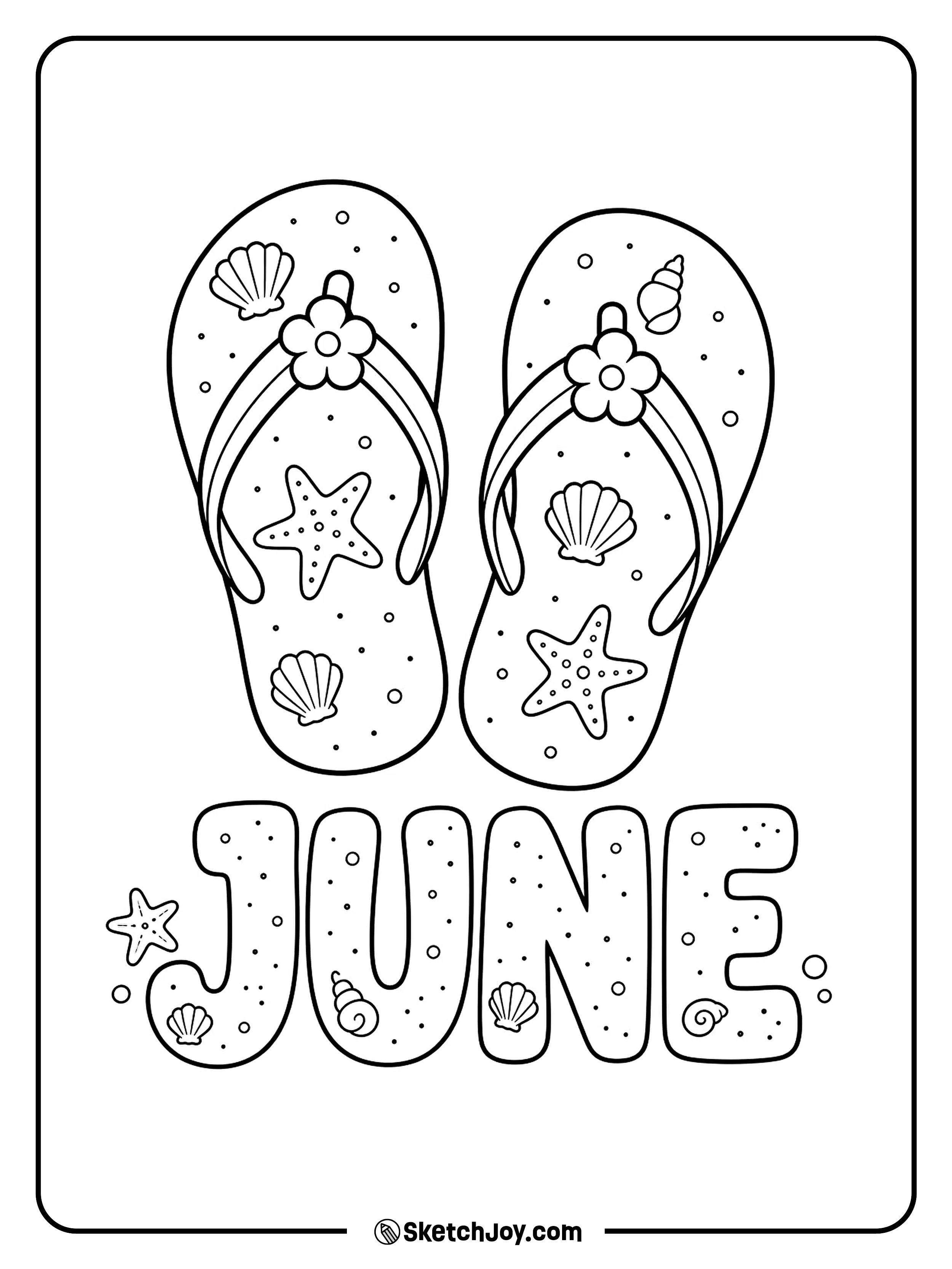 Summer sandals rest near bold June letters.