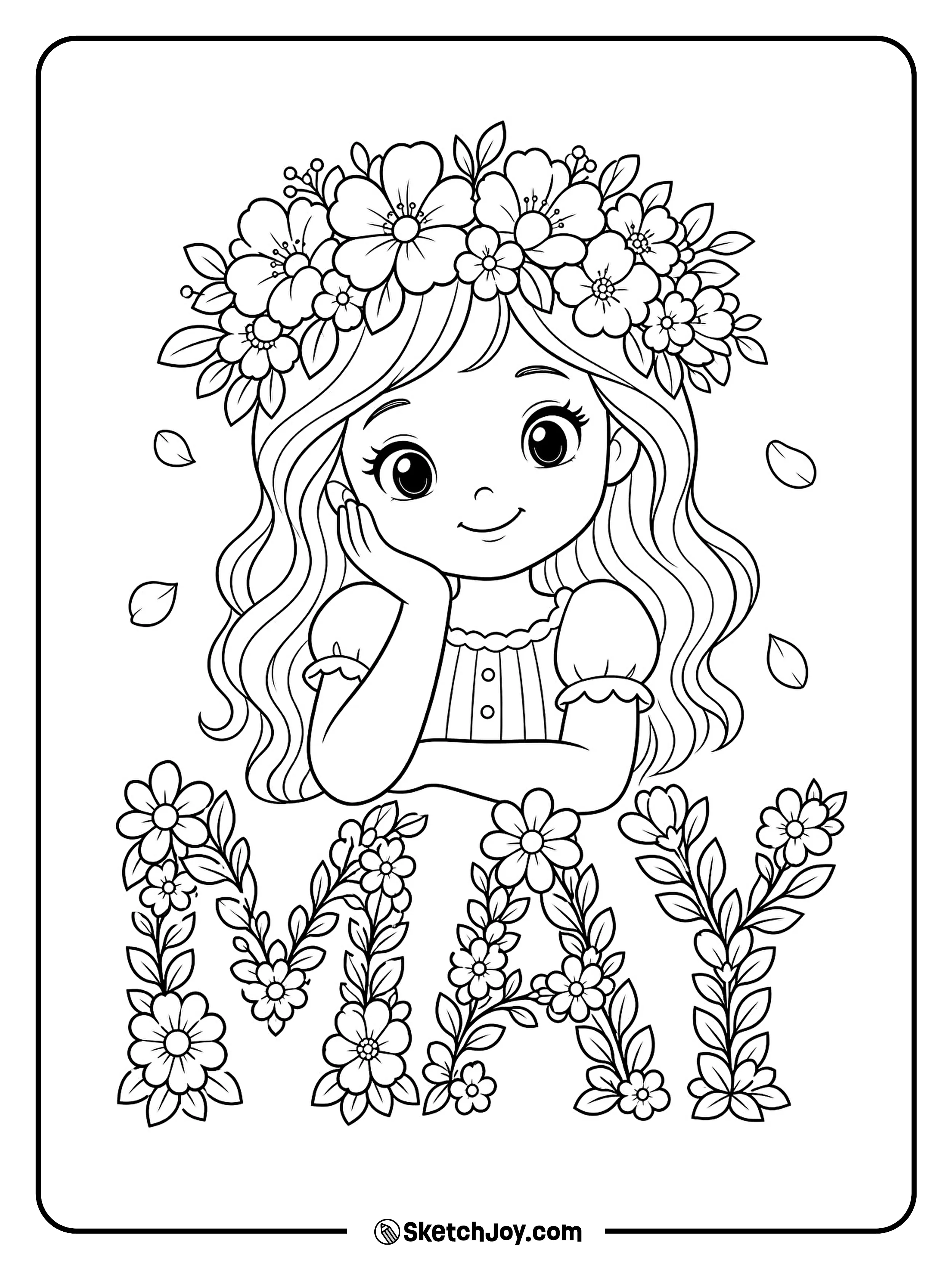 A smiling girl wears a flower crown with a bold MAY sign nearby.