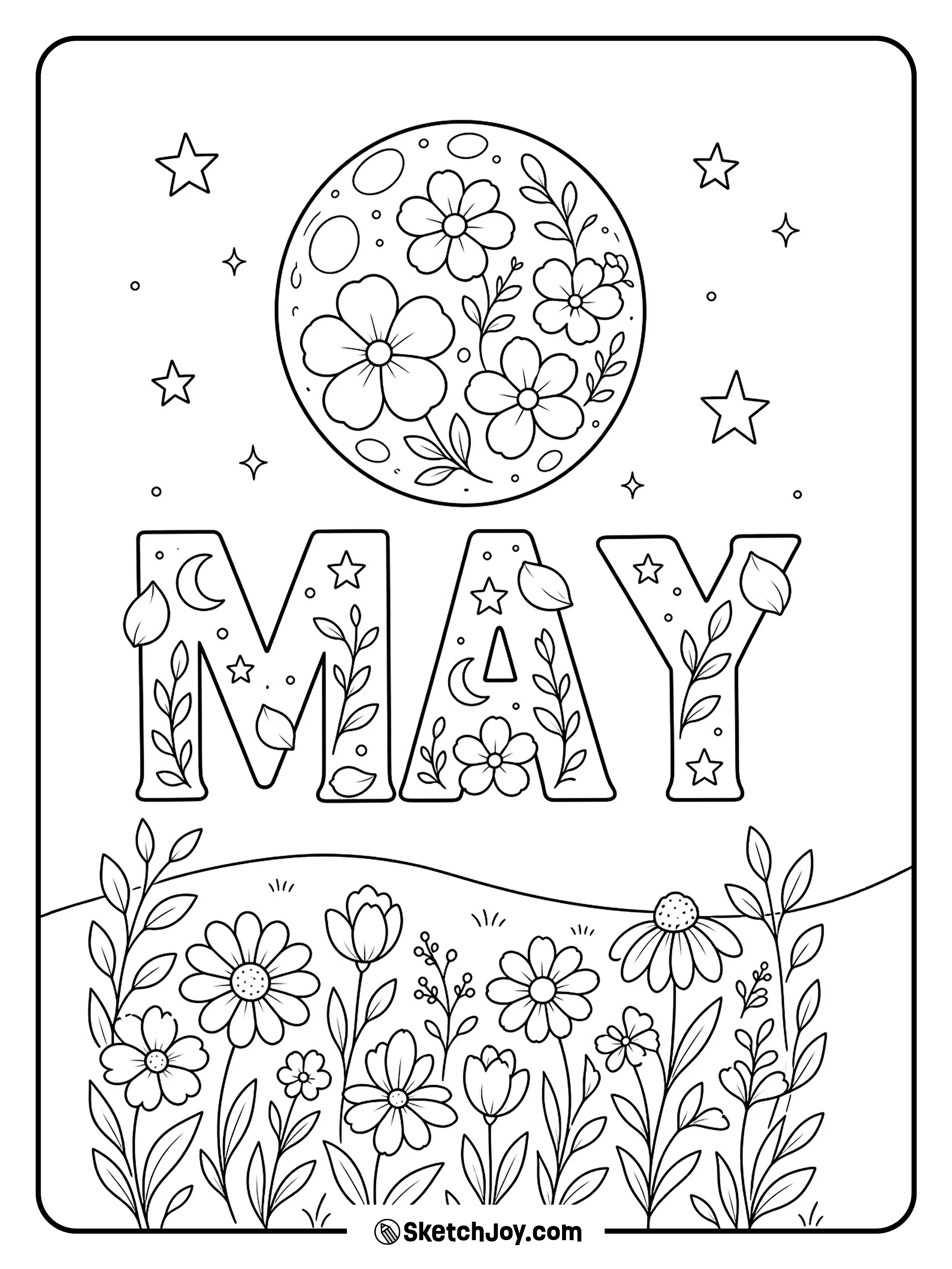 A bright moon rises over flowers and the word MAY.