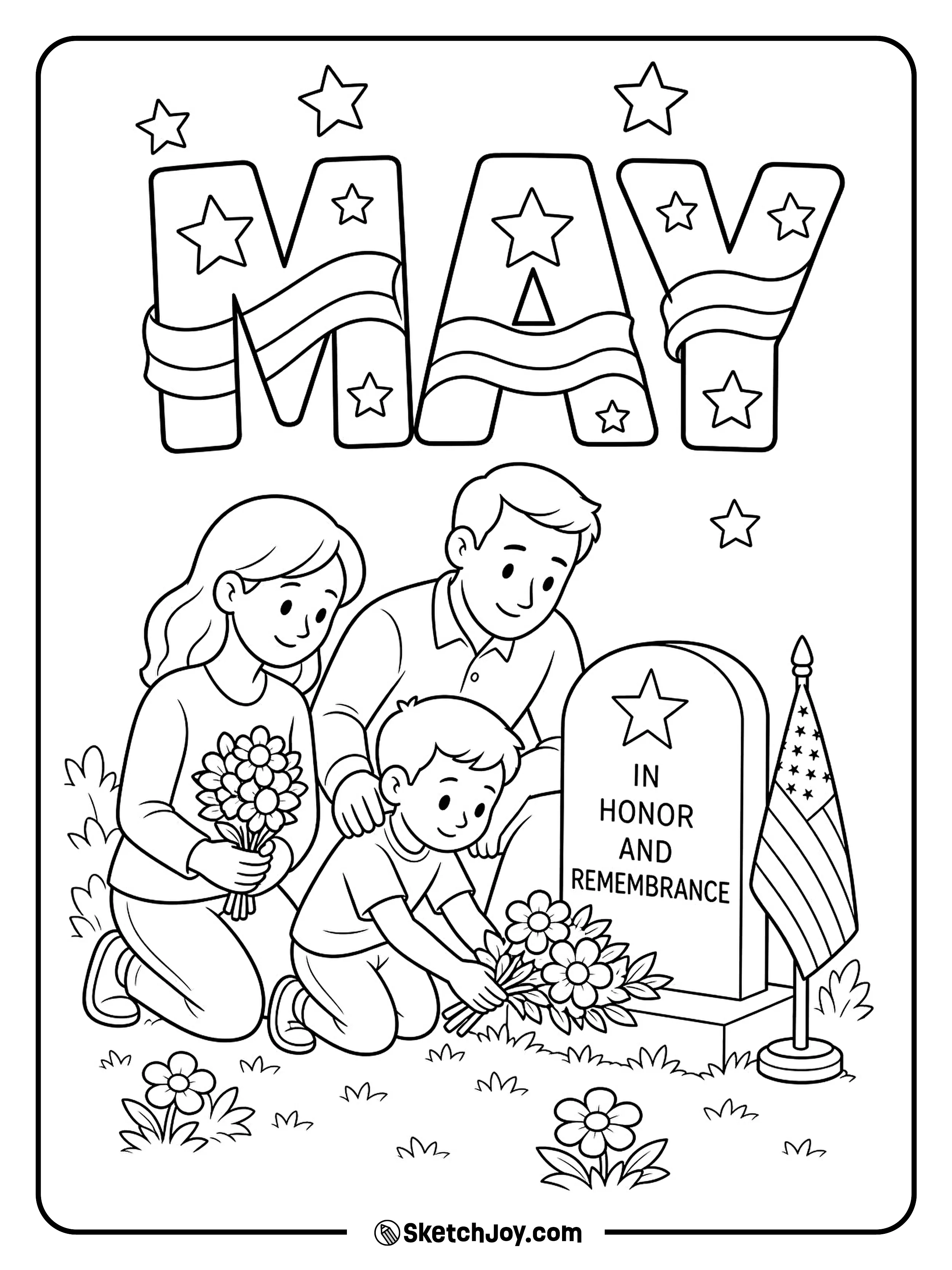 A family brings flowers with a gentle MAY sign above.