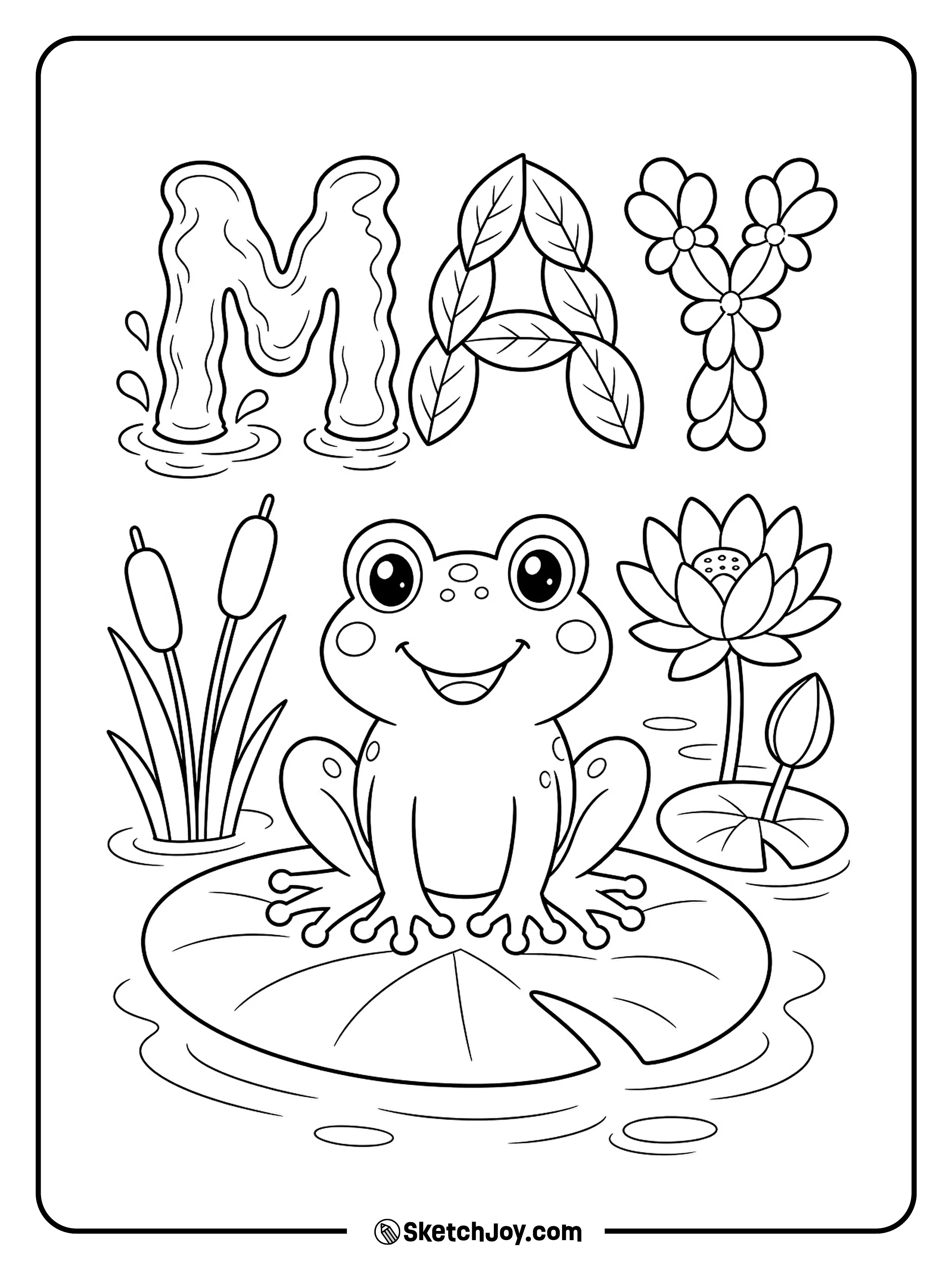 A happy frog rests on a pond under the word MAY.