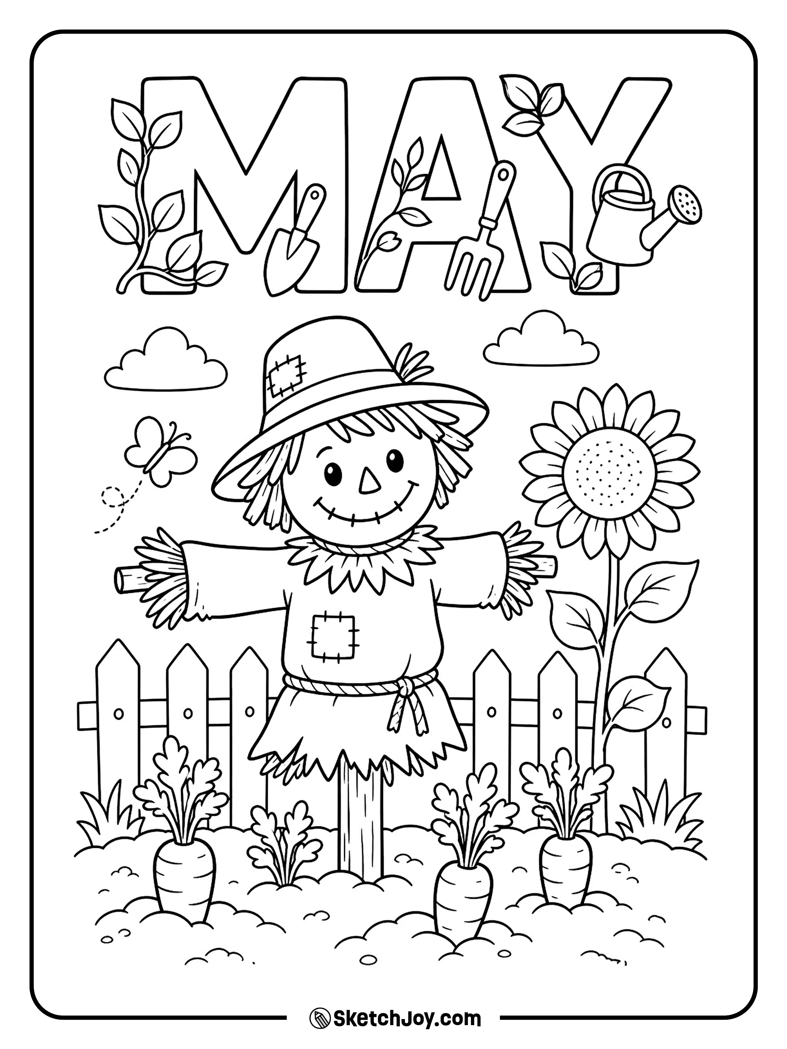 A friendly scarecrow stands in a spring garden under MAY letters.