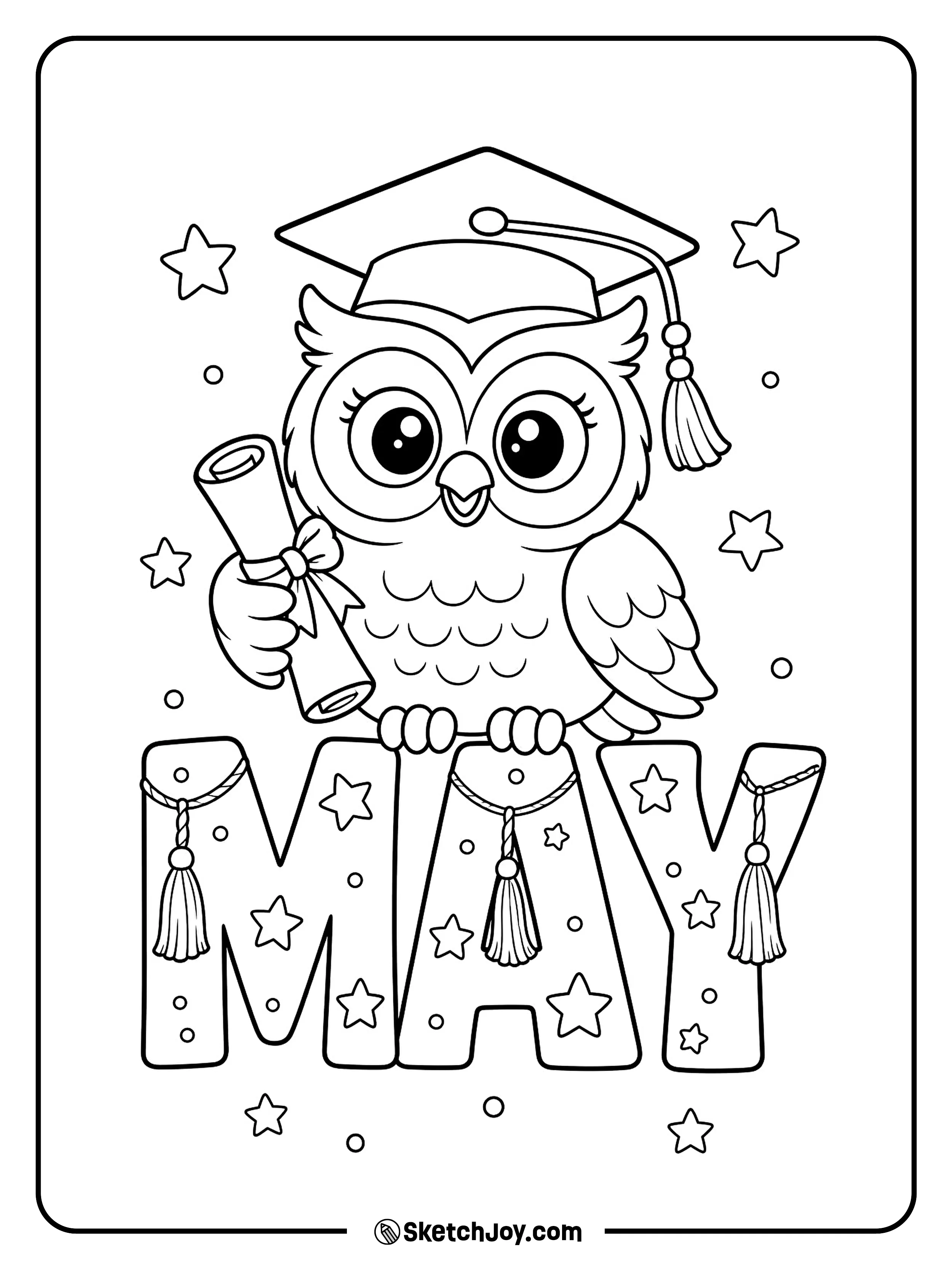 A cute owl holds a diploma beside bold MAY letters.