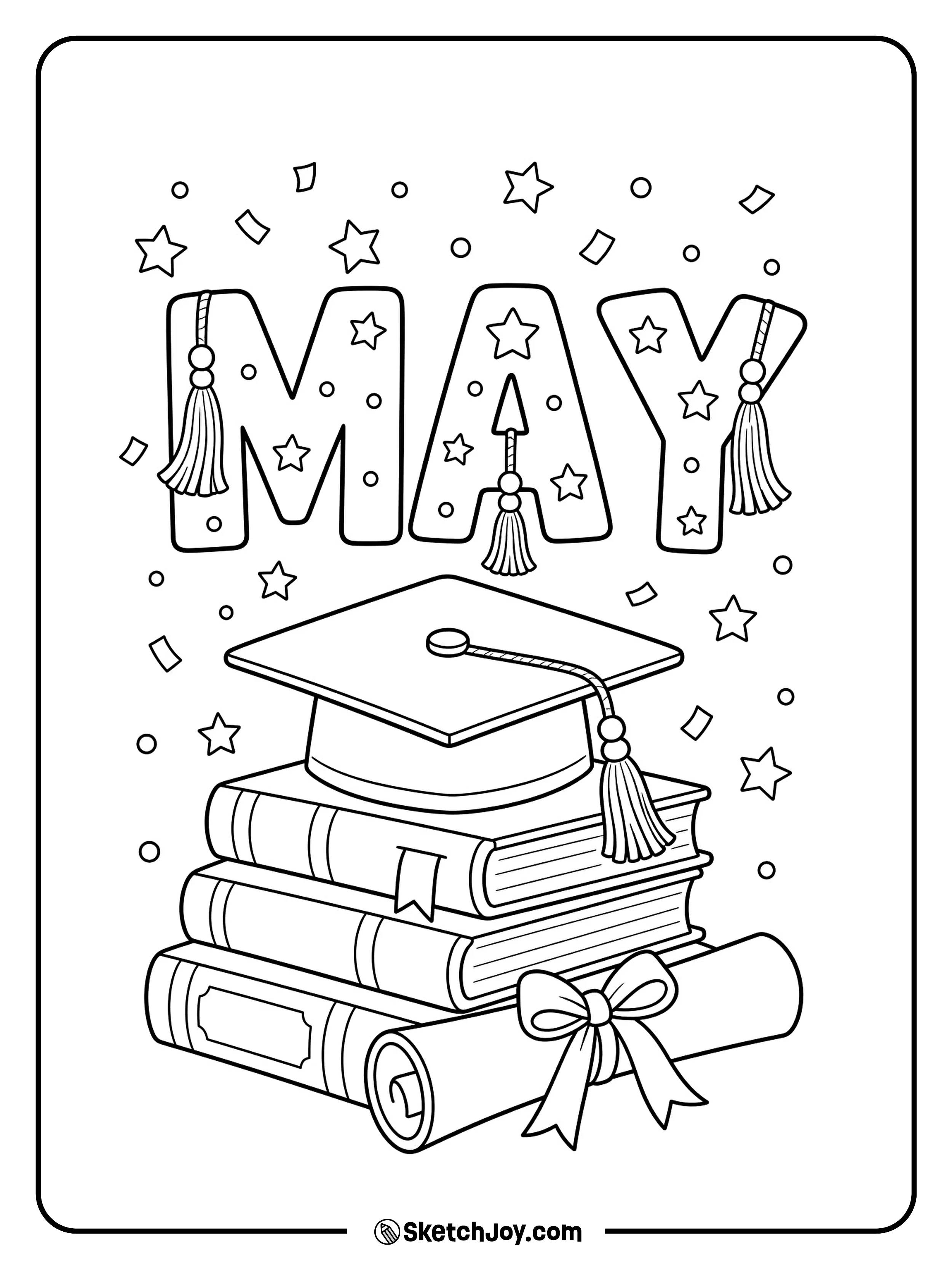 A graduation cap and books sit under proud MAY letters.