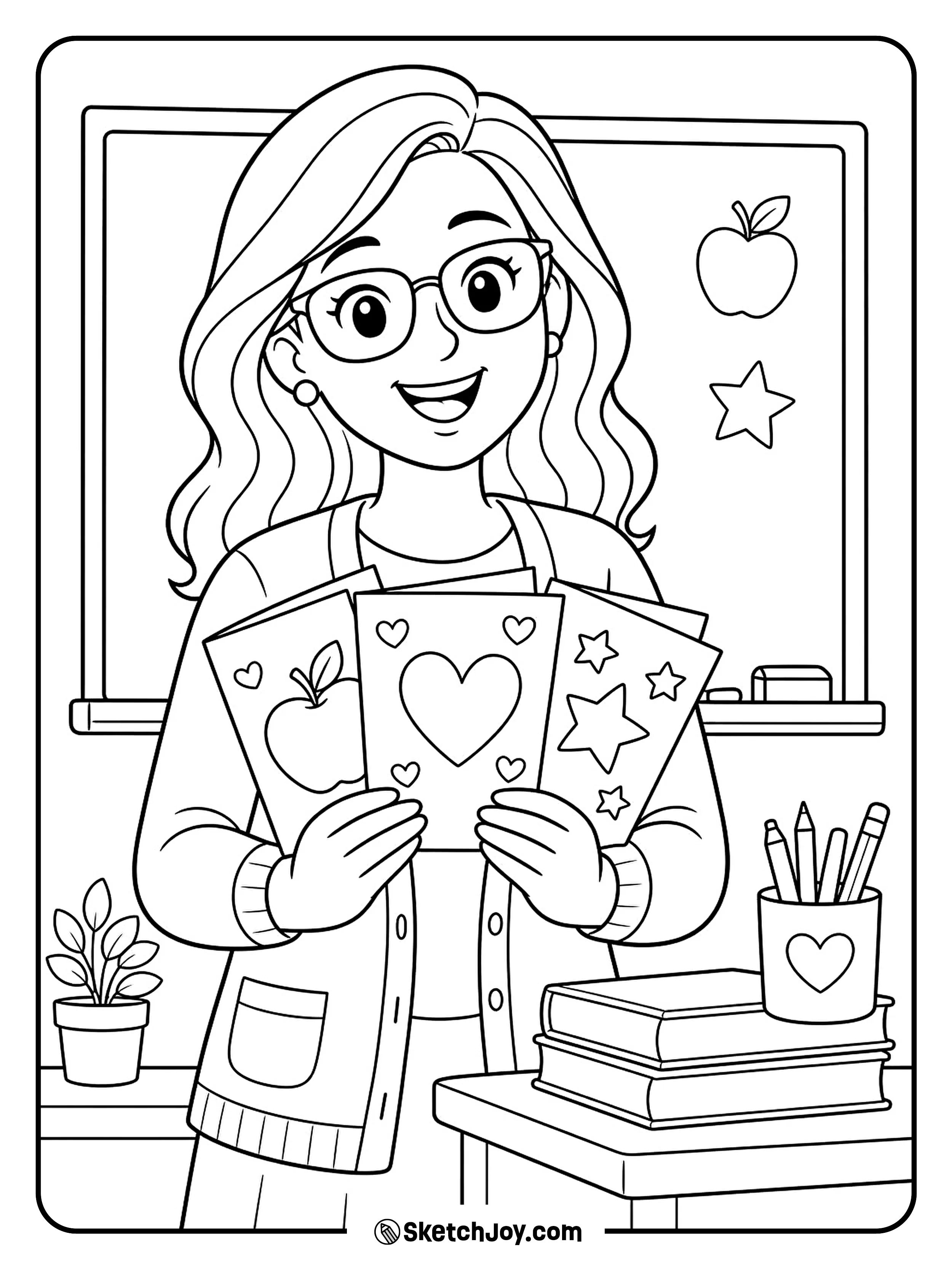 A teacher holds handmade cards with a big smile.