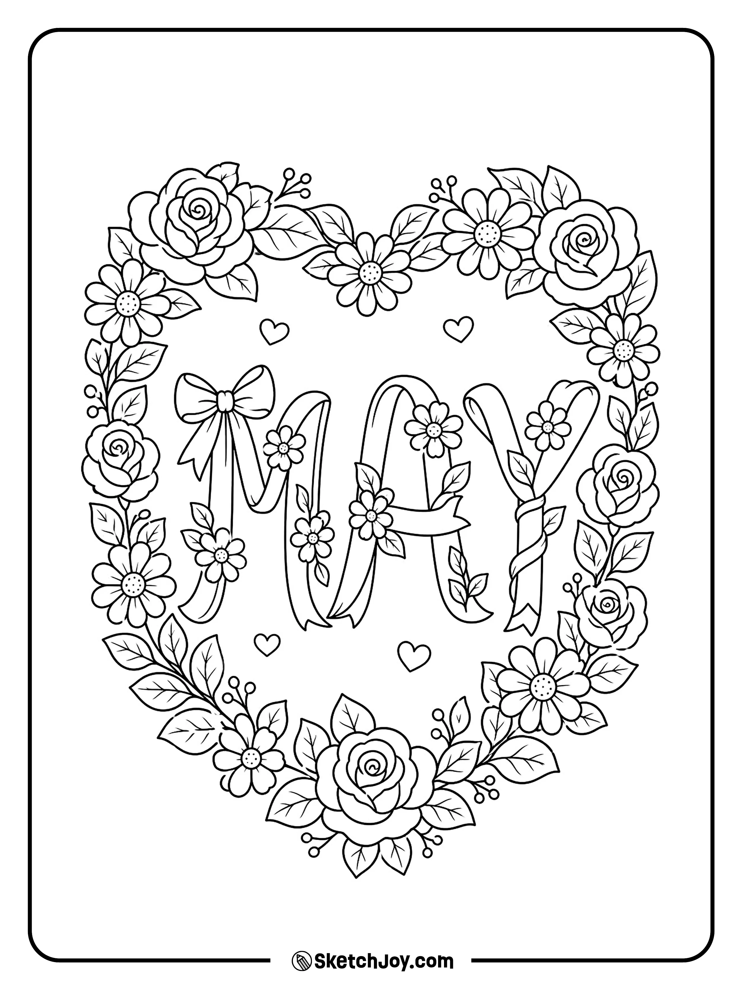 A heart wreath full of flowers frames the word MAY.