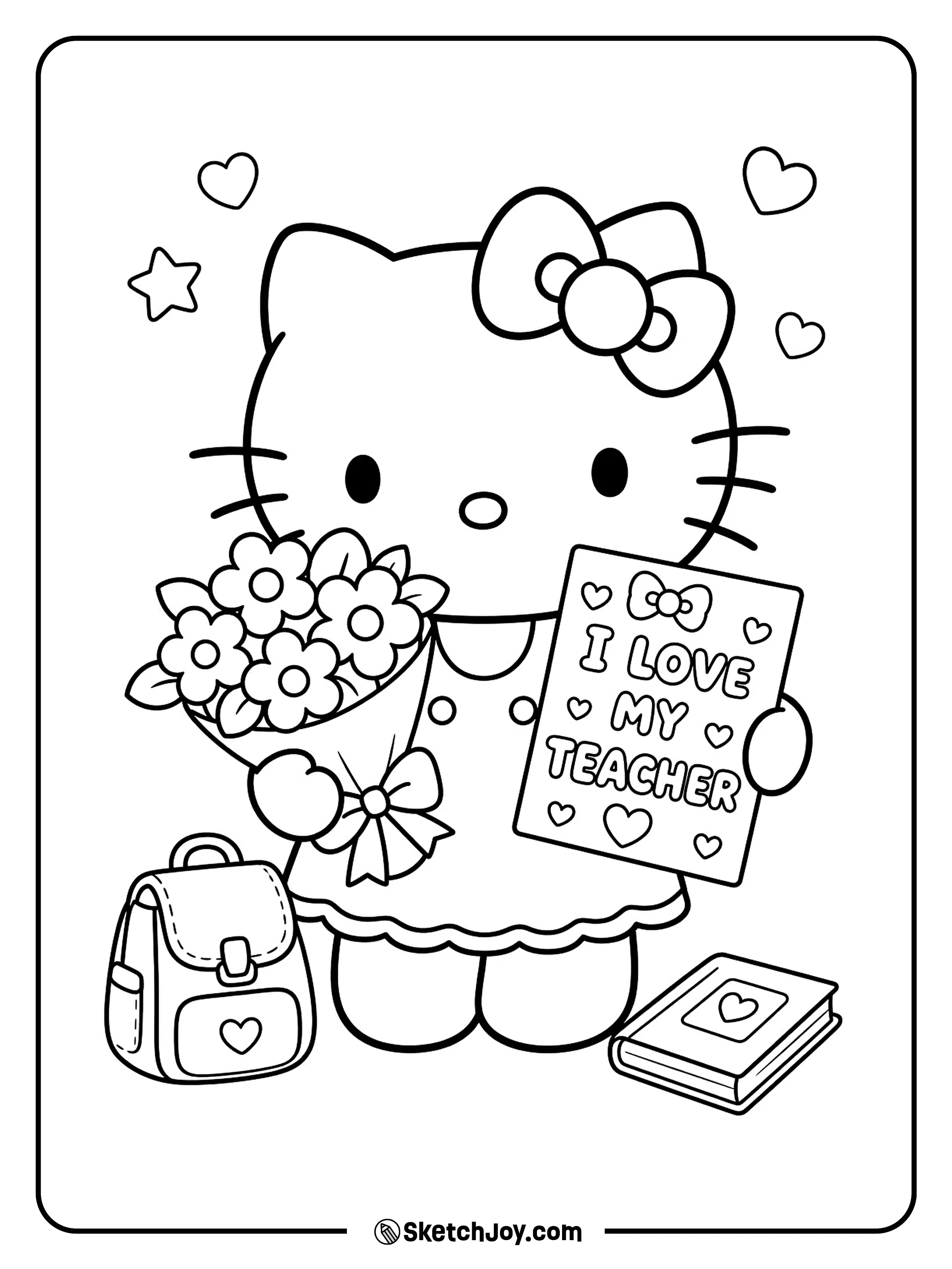Hello Kitty brings flowers and a kind thank-you note.