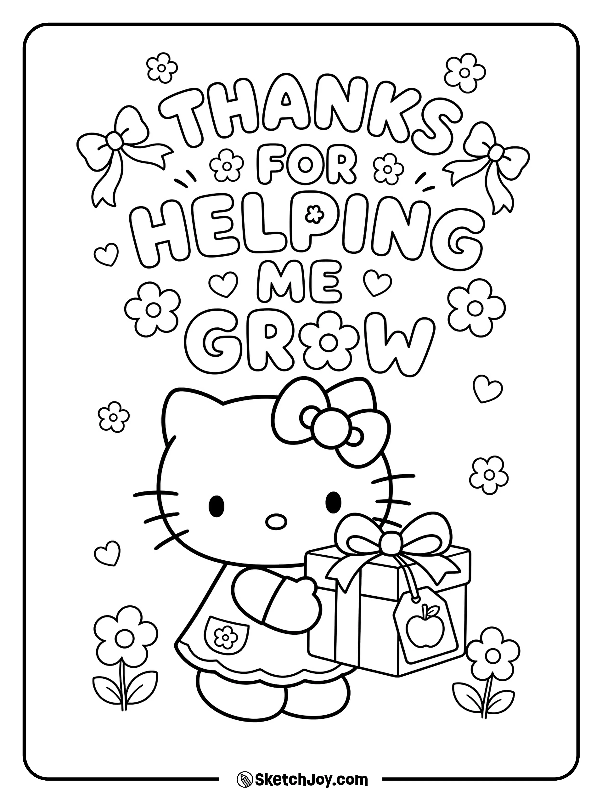 Hello Kitty stands with a sweet gift for her teacher.