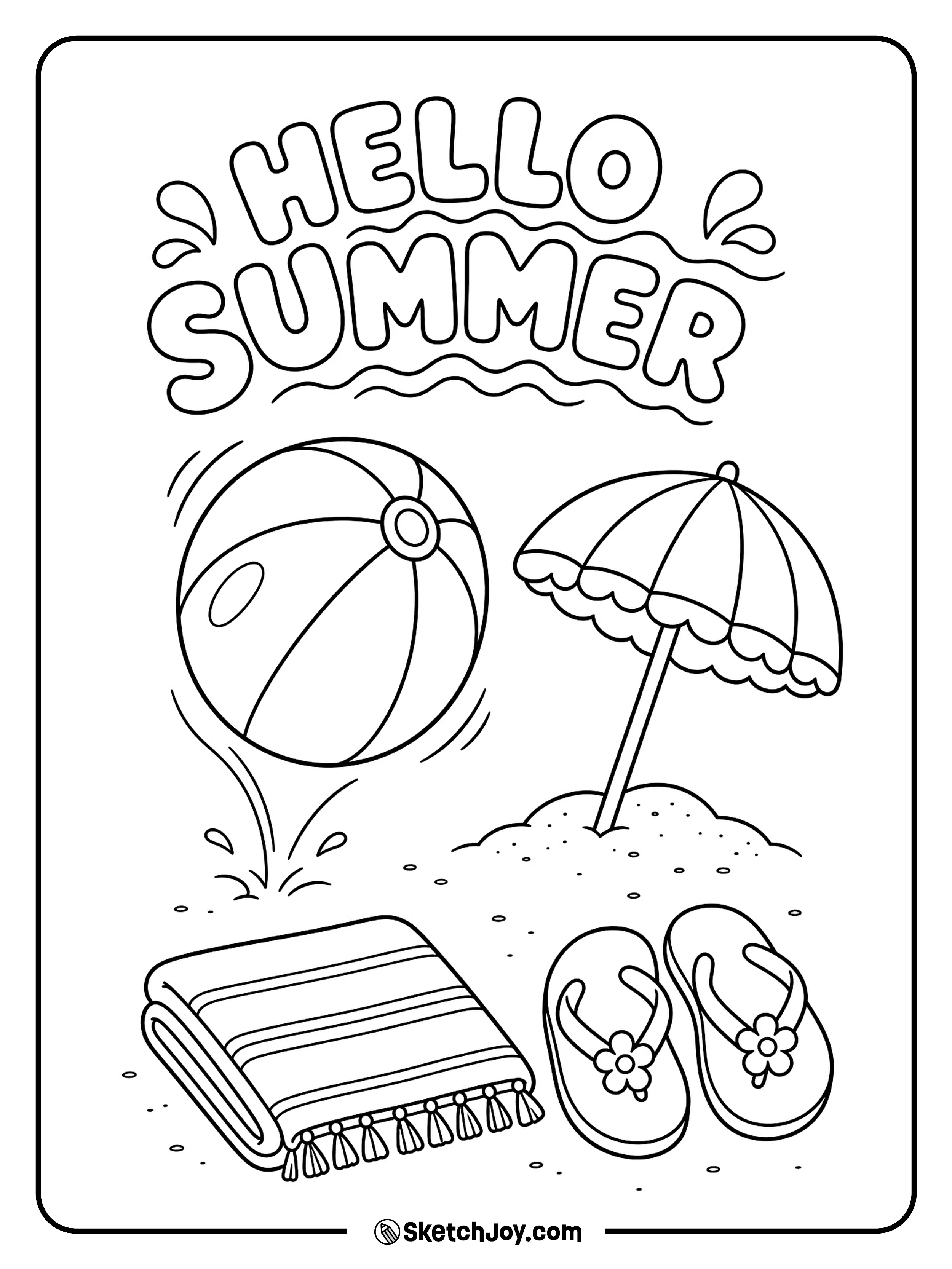 A beach ball bounces beside a towel and flip-flops.