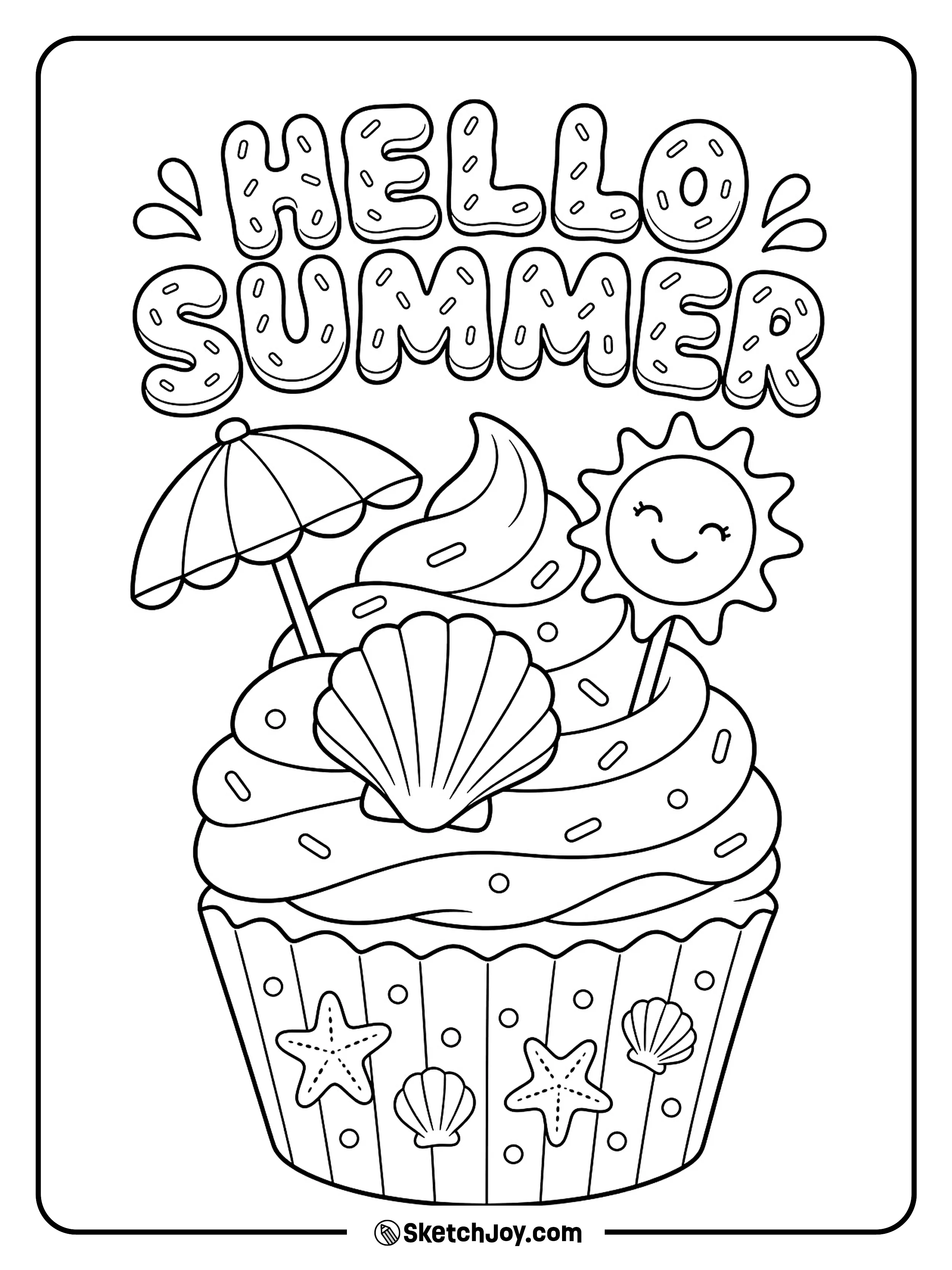 A cupcake has a tiny umbrella, shell, and sunny topper.