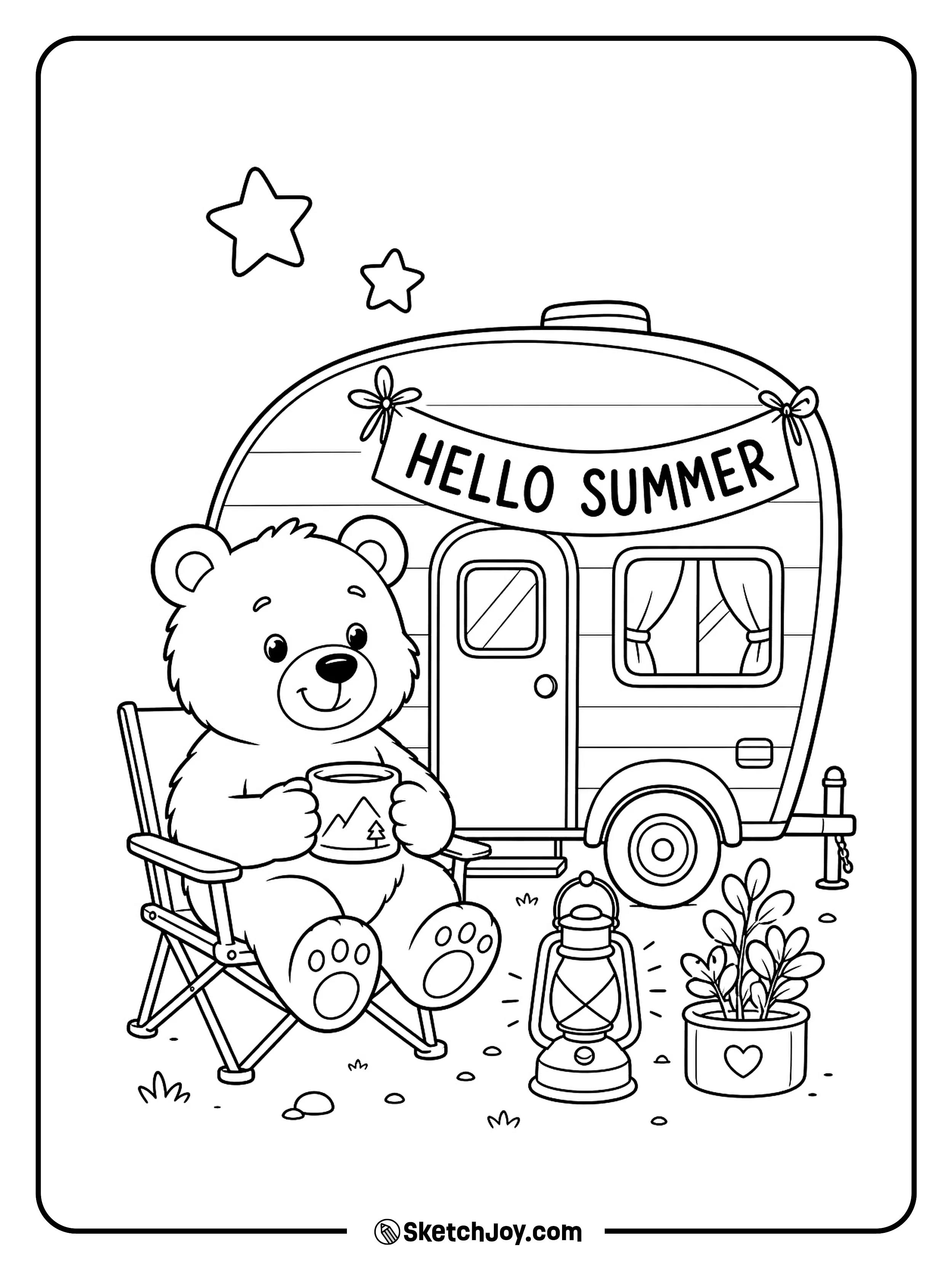 A bear sits by a camper with a mug and lantern.