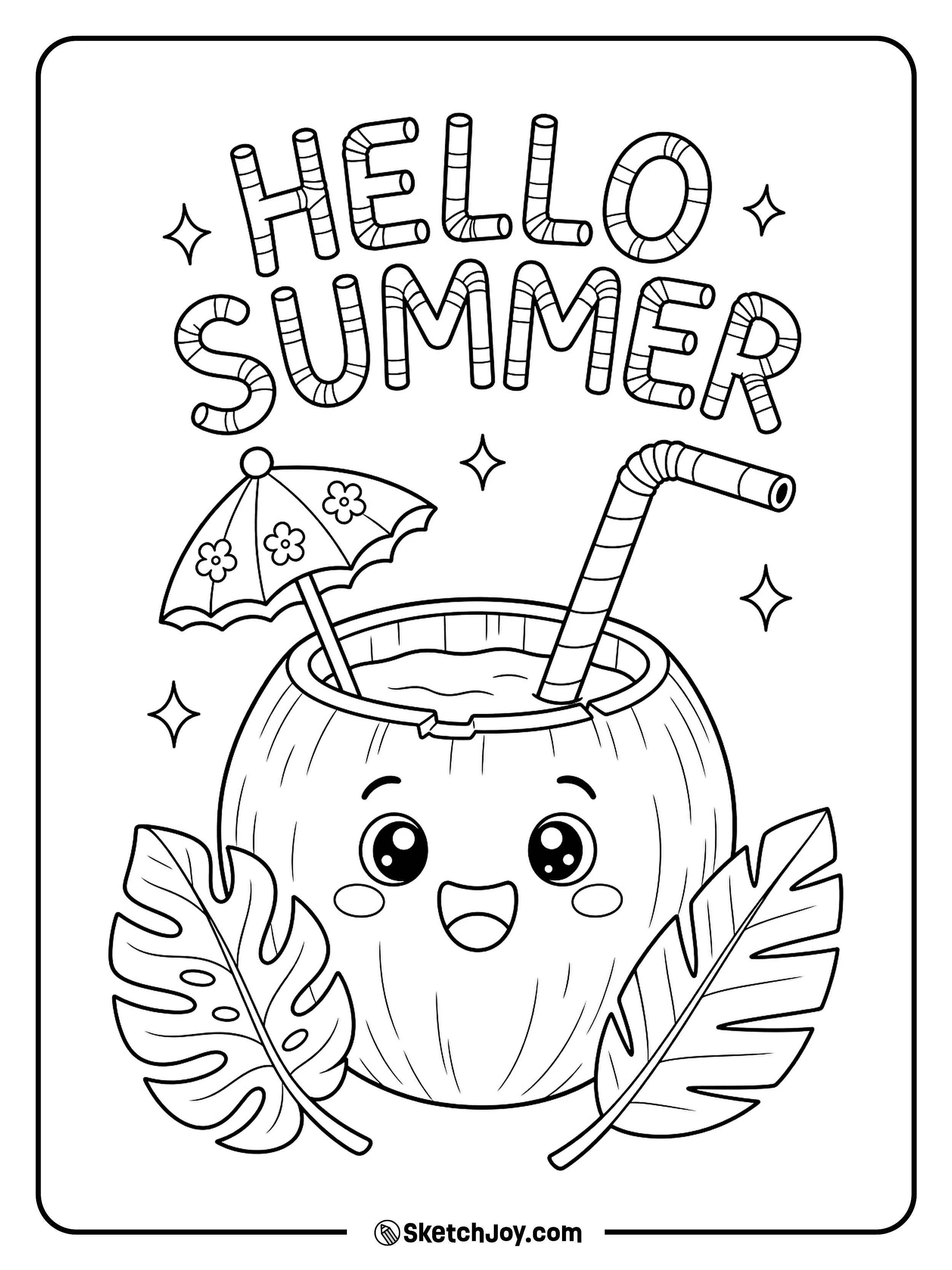 A coconut drink has a straw, umbrella, and happy face.
