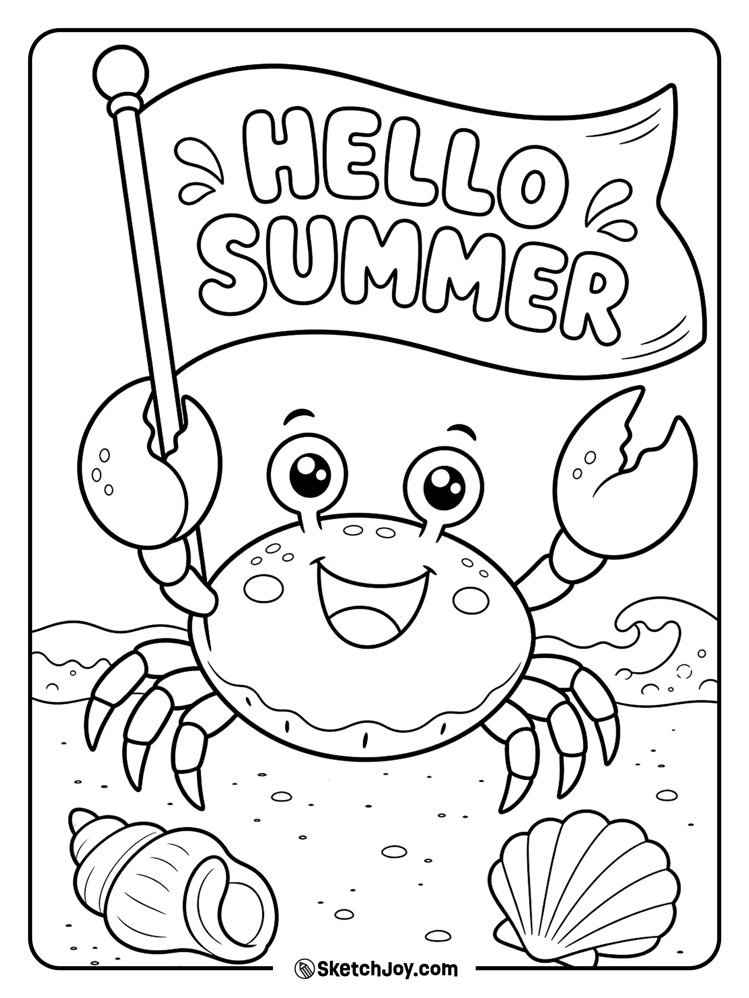 A happy crab holds a tiny beach flag.