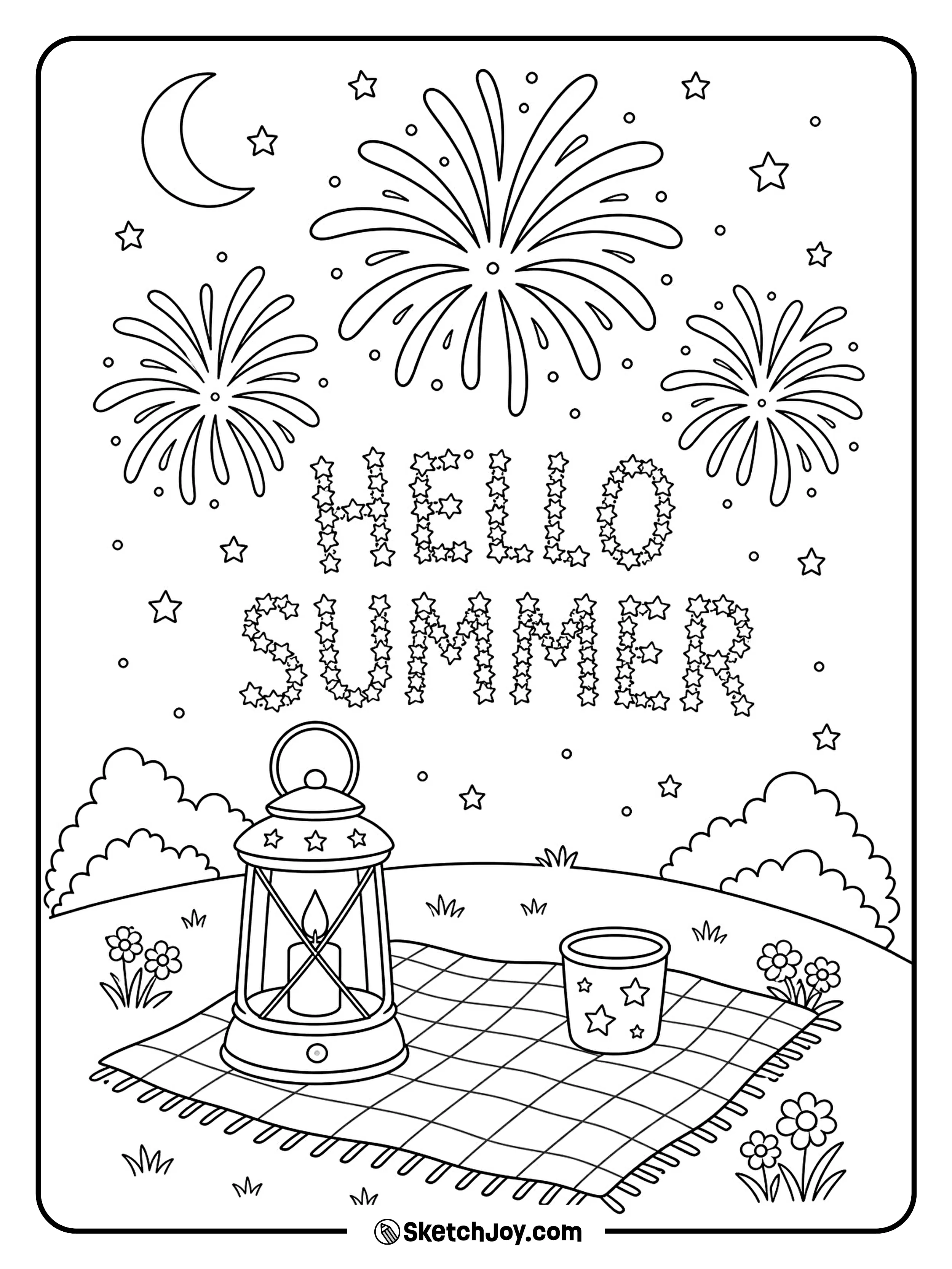 Simple fireworks pop above a picnic blanket and stars.