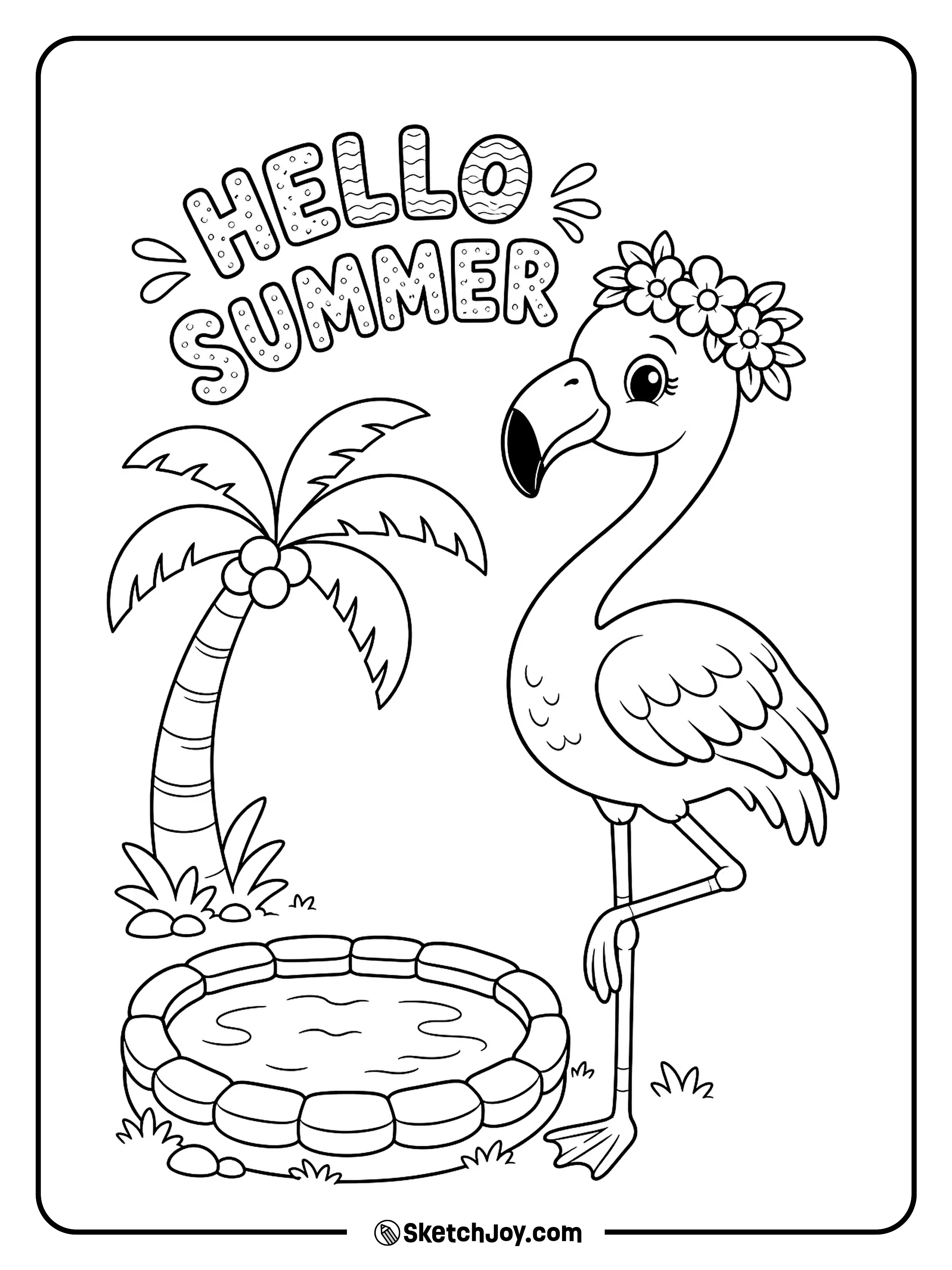 A flamingo stands by a tiny pool with a flower crown.