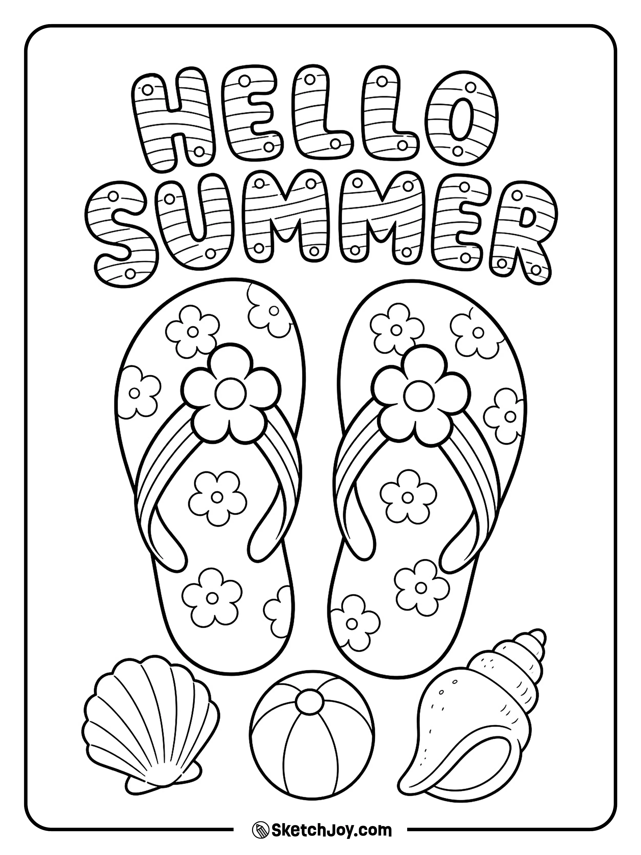 A pair of flip-flops sits on sand with flowers and shells.