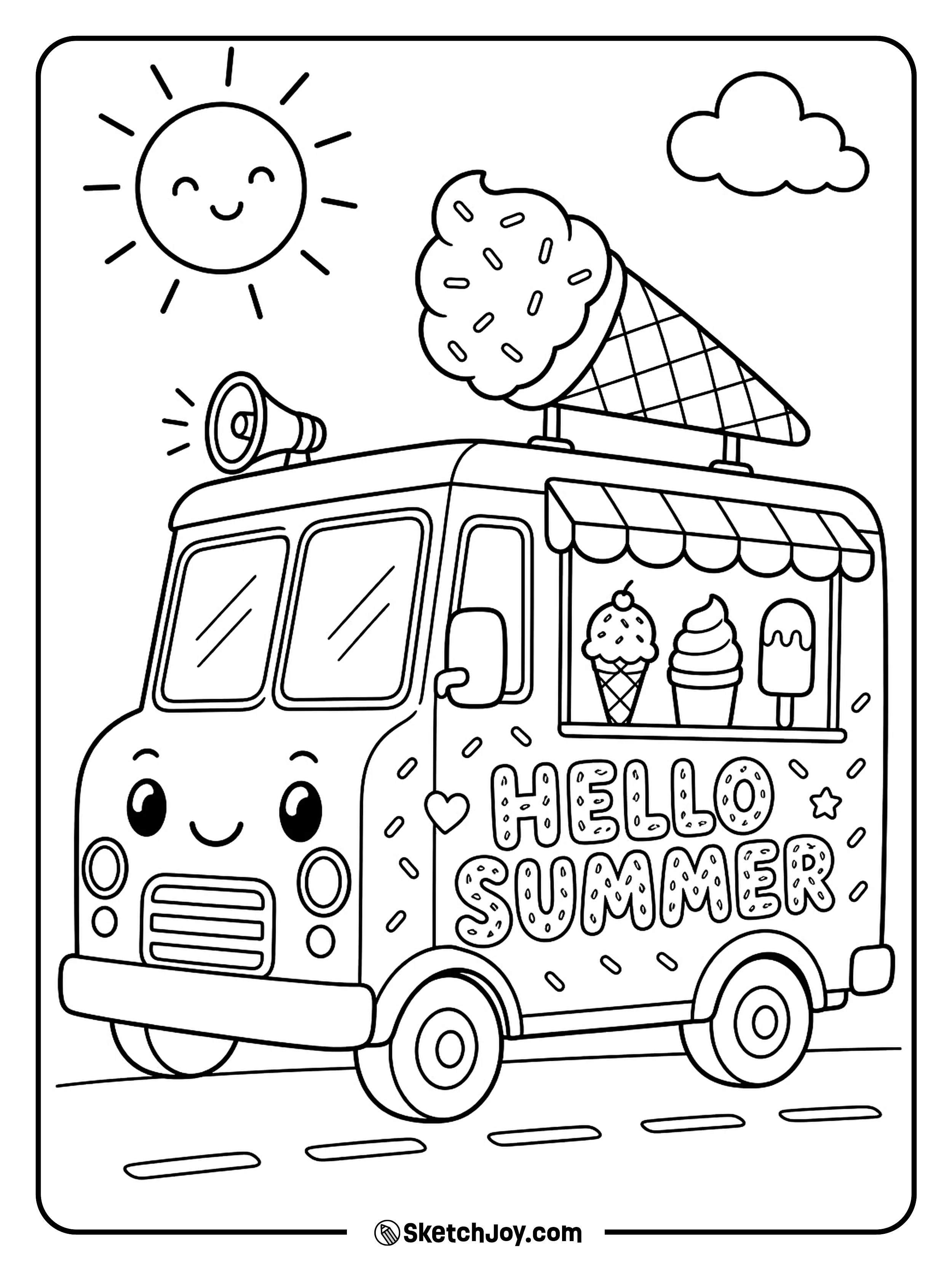 A cute ice cream truck parks under a happy sun.