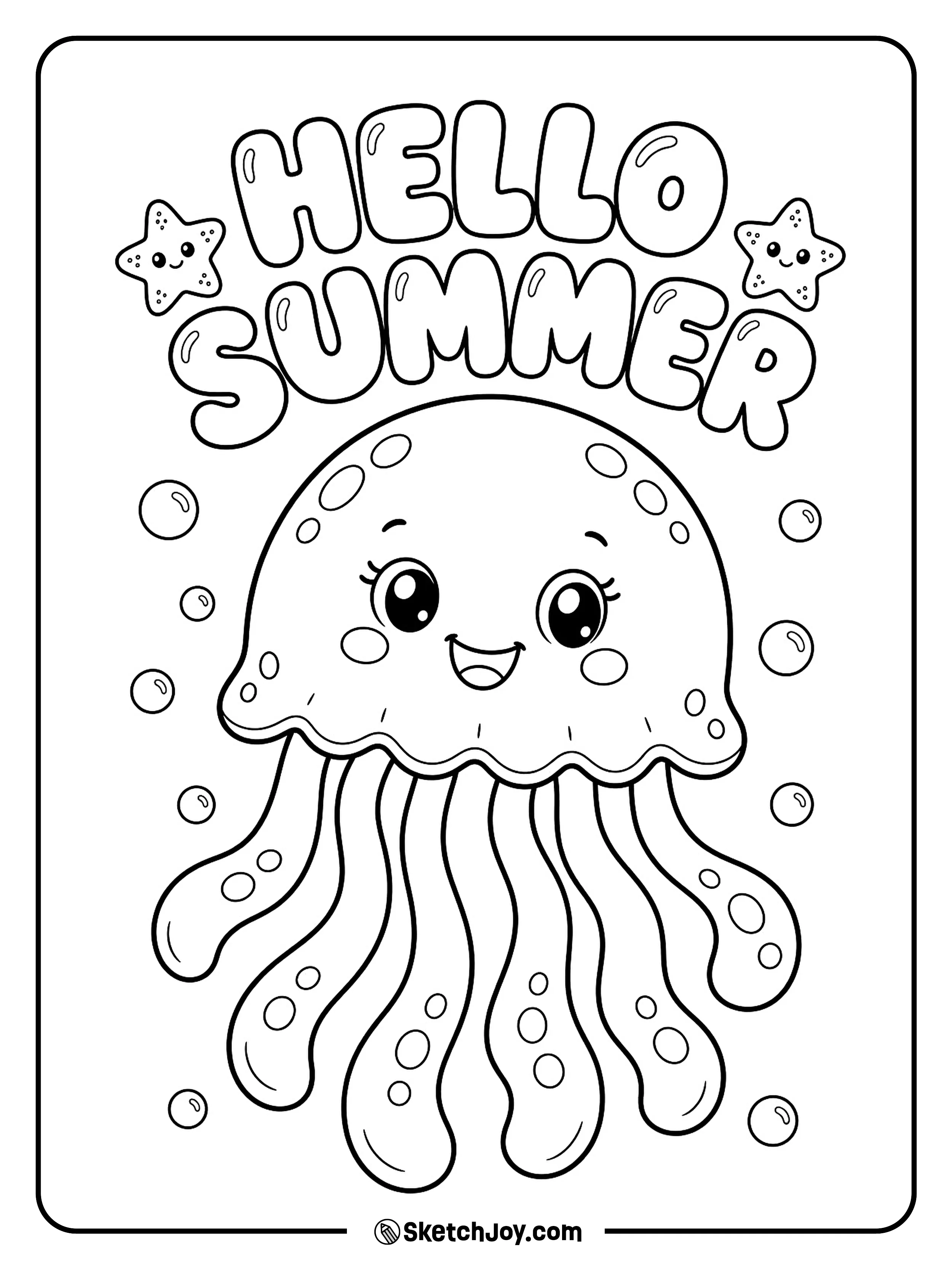 A cute jellyfish floats with bubbles and small stars.