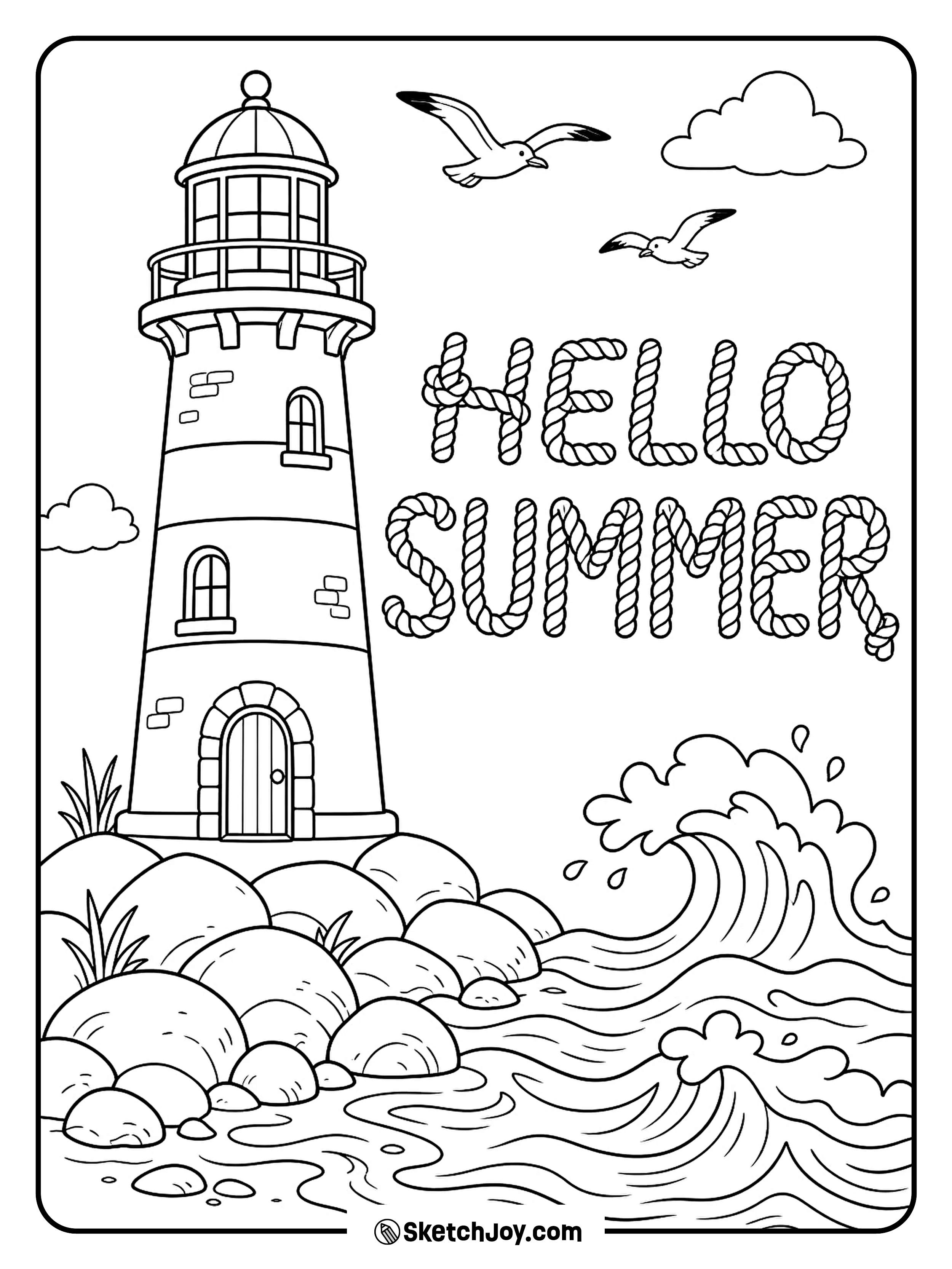 A lighthouse stands near waves, rocks, and gulls.