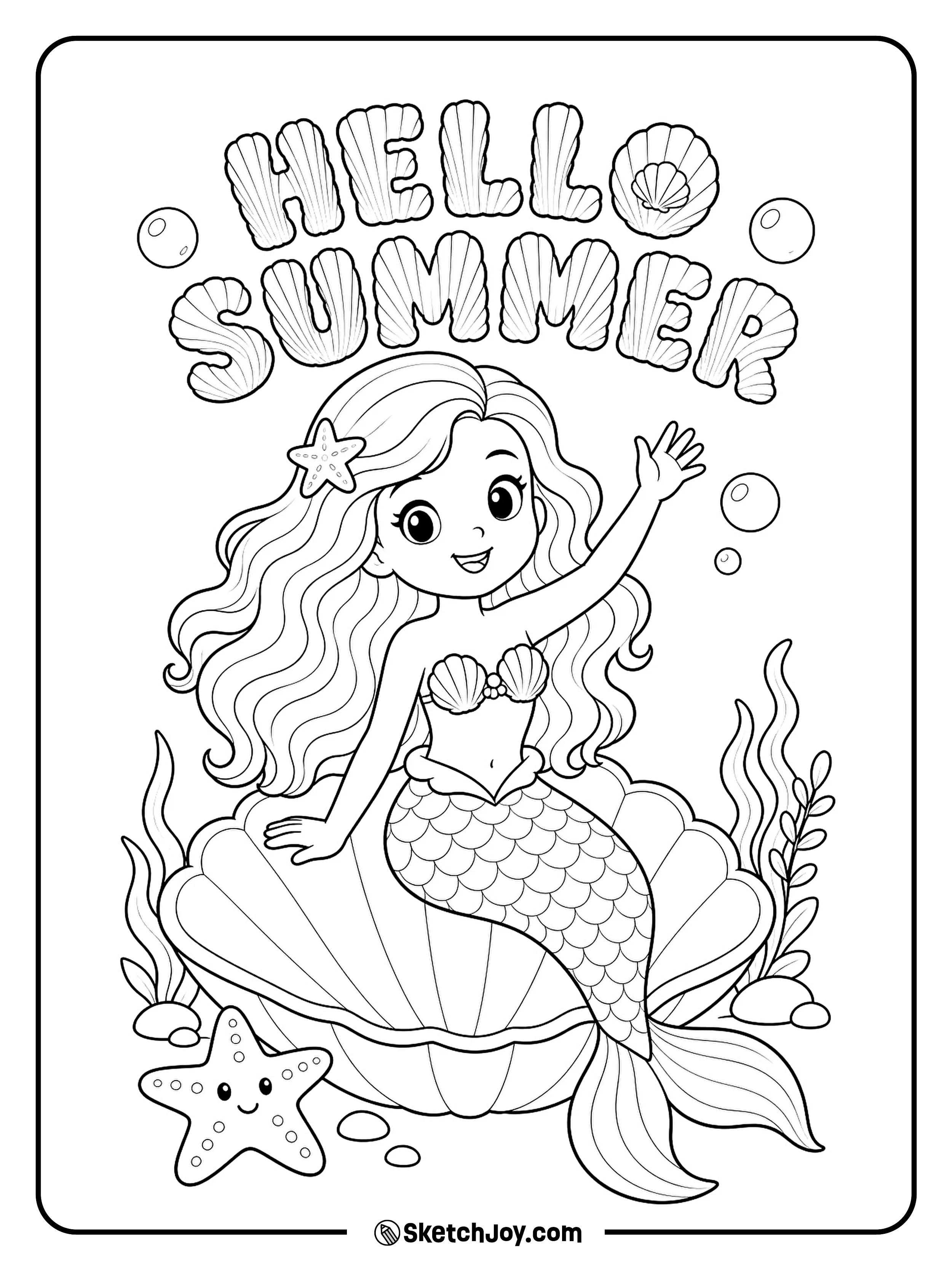A friendly mermaid waves beside a shell and starfish.