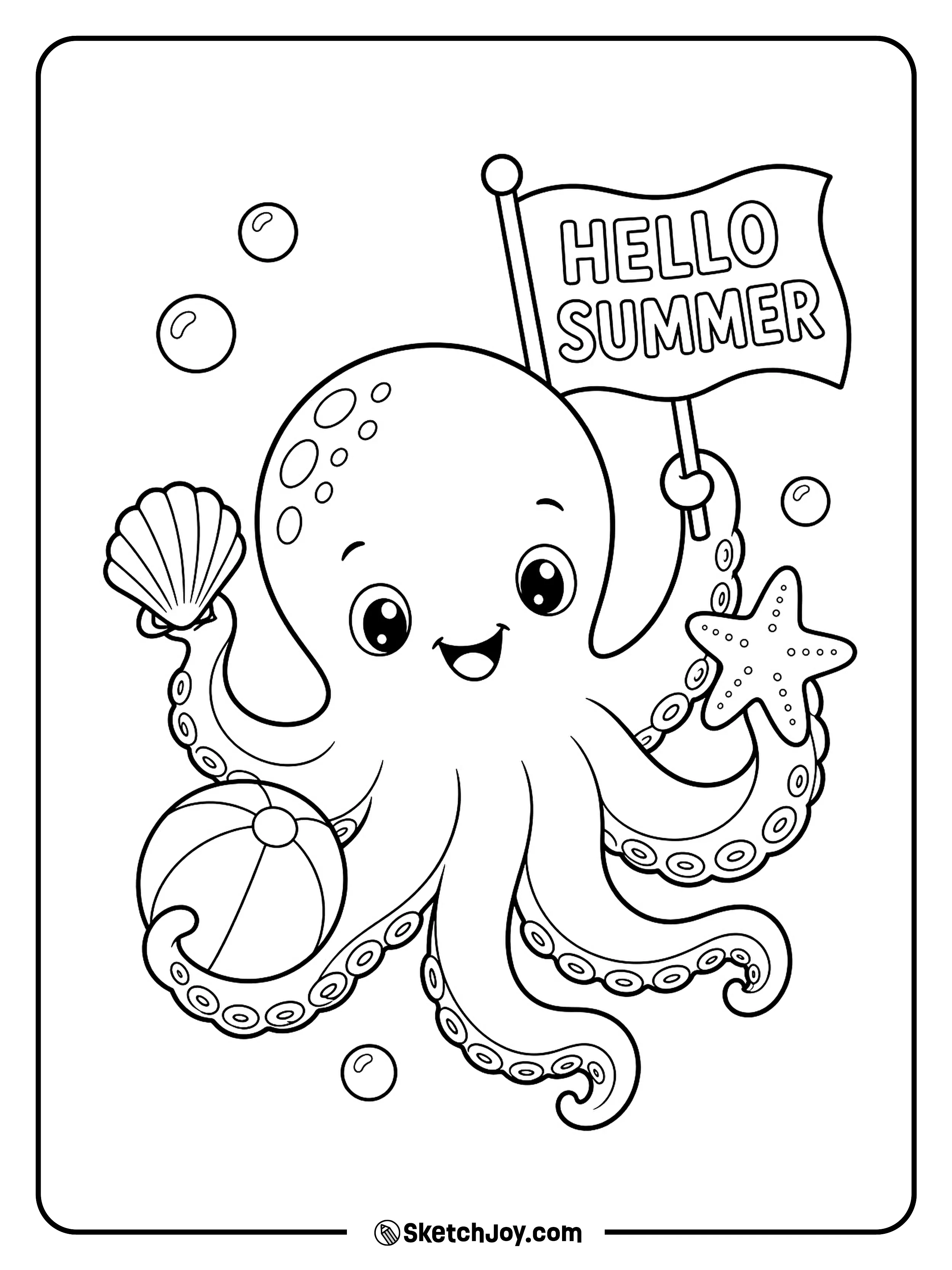 A friendly octopus holds shells, a starfish, and a tiny flag.