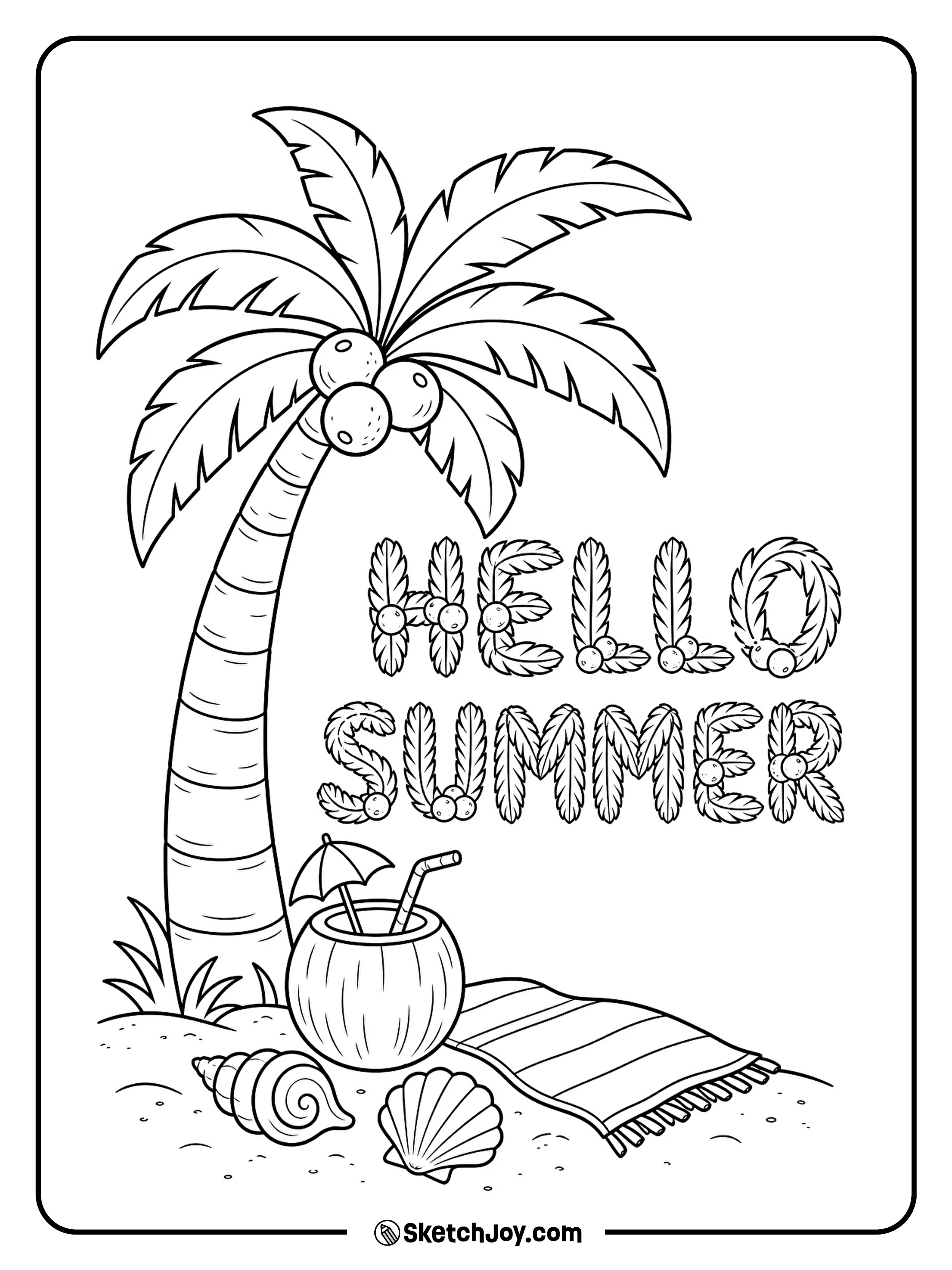 A palm tree bends over a beach towel and coconut.