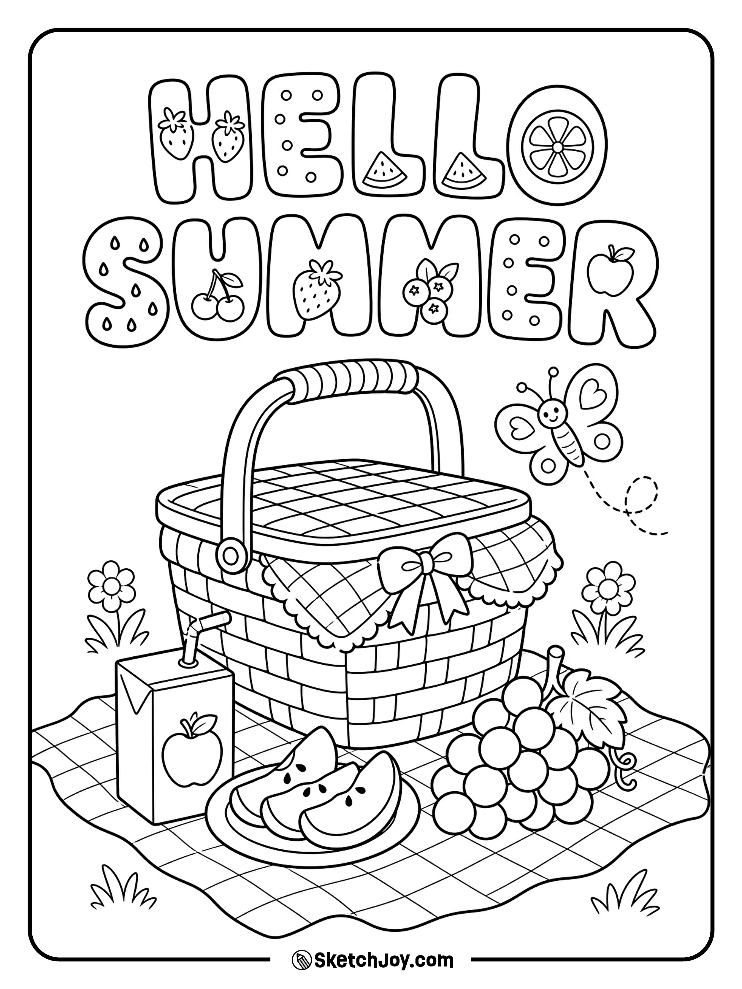 A picnic basket sits on a blanket with fruit and juice.