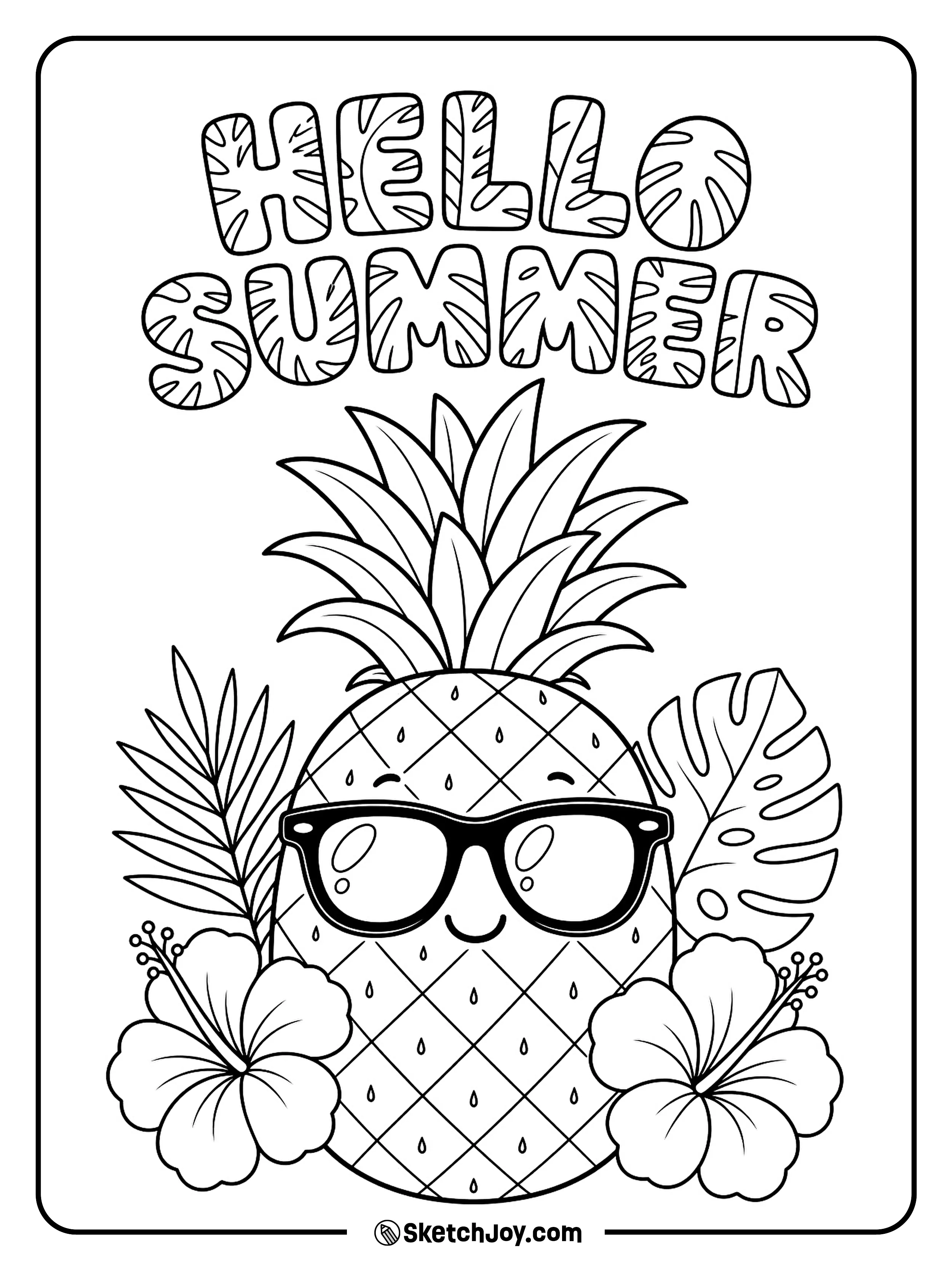 A happy pineapple wears sunglasses with tropical leaves around it.