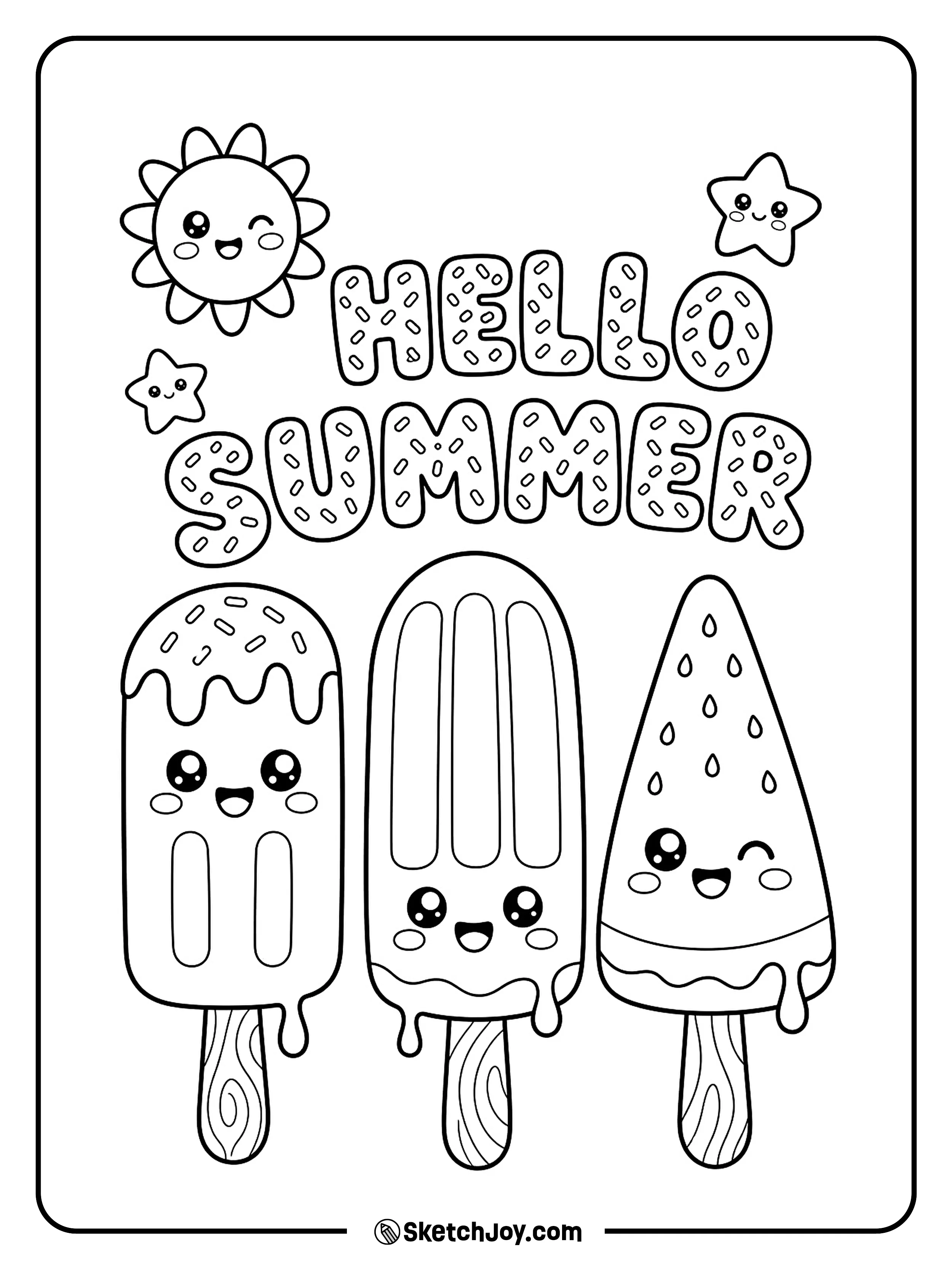 Three cute popsicles smile under a small sun.