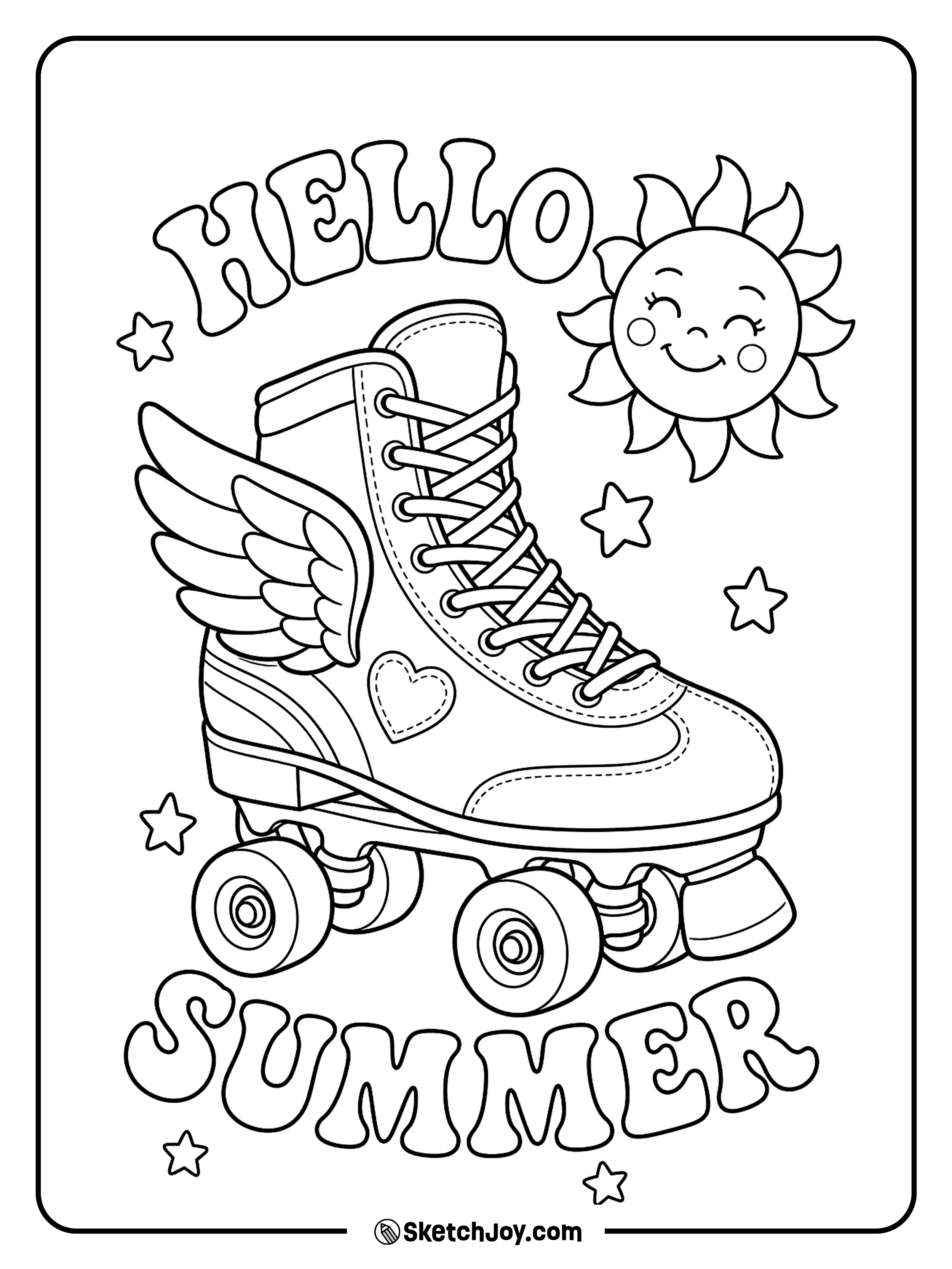 A cute roller skate rolls past tiny stars and a sun.