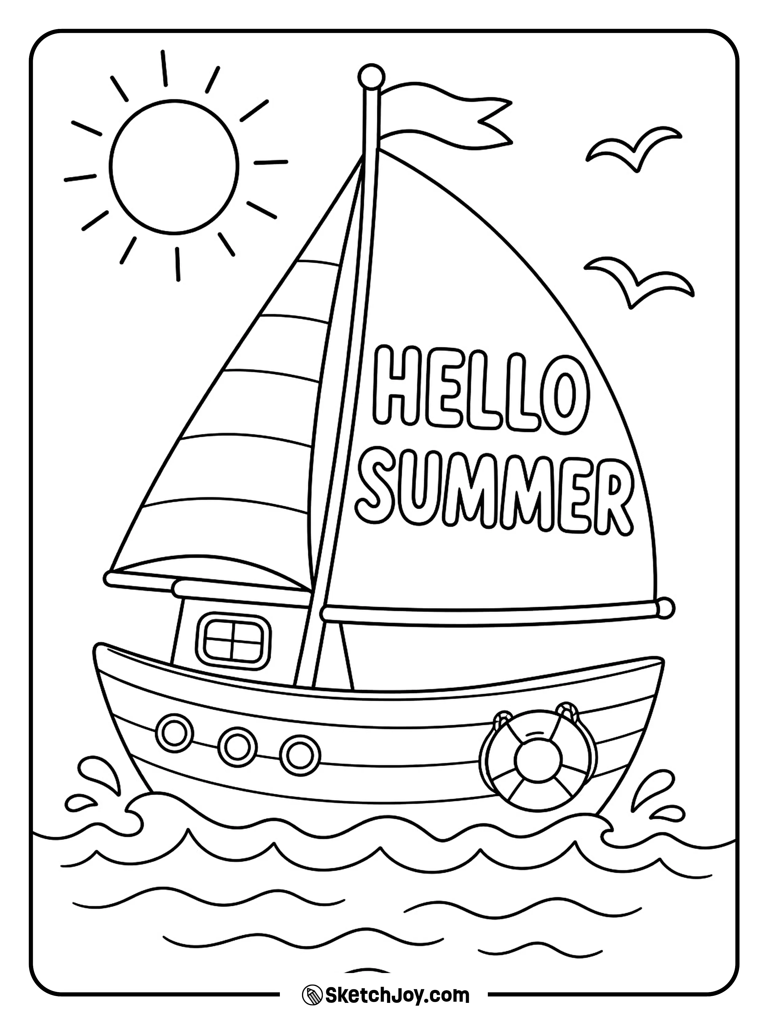 A small sailboat moves across calm waves under the sun.