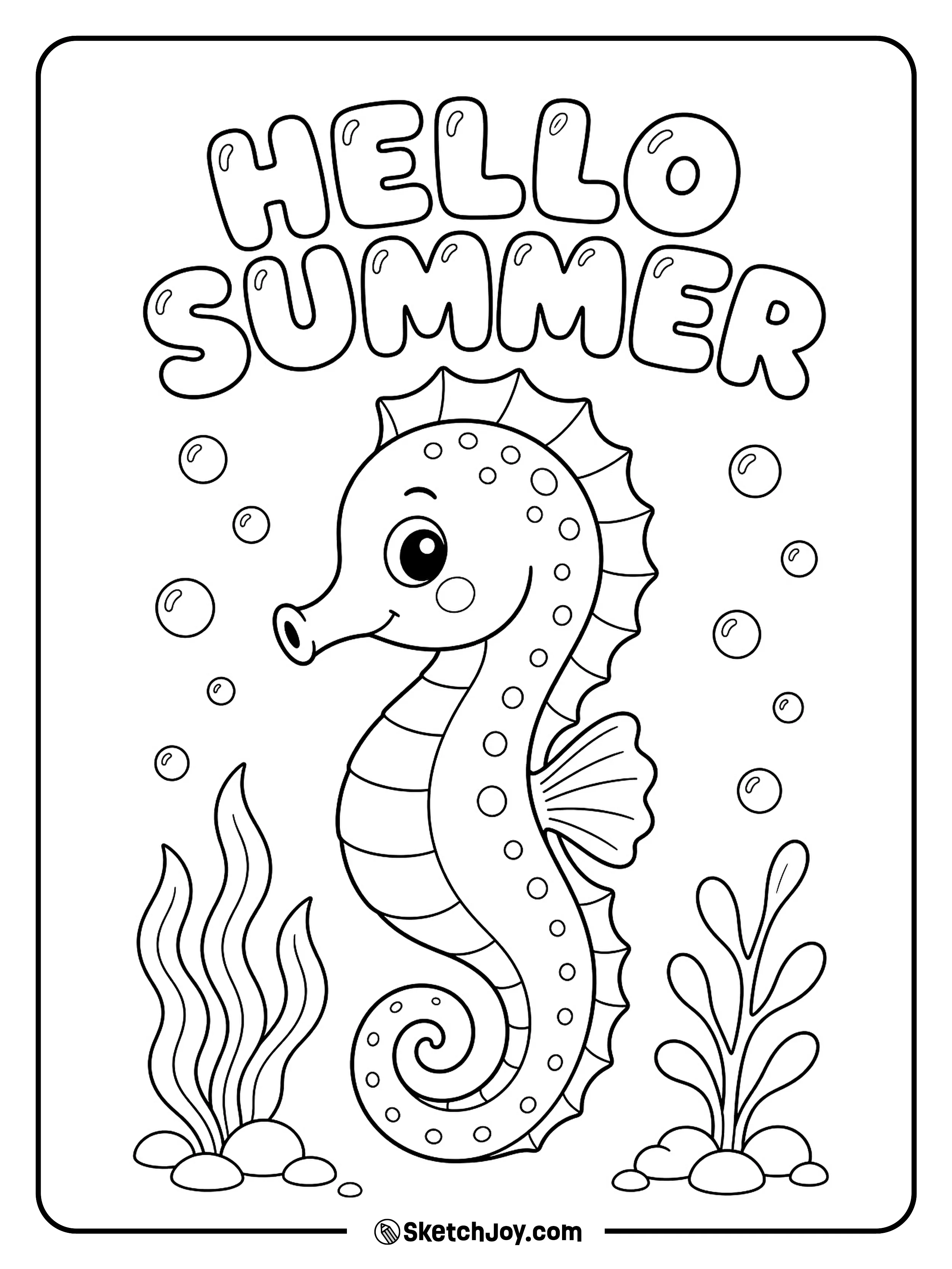 A sweet seahorse floats near bubbles and sea plants.