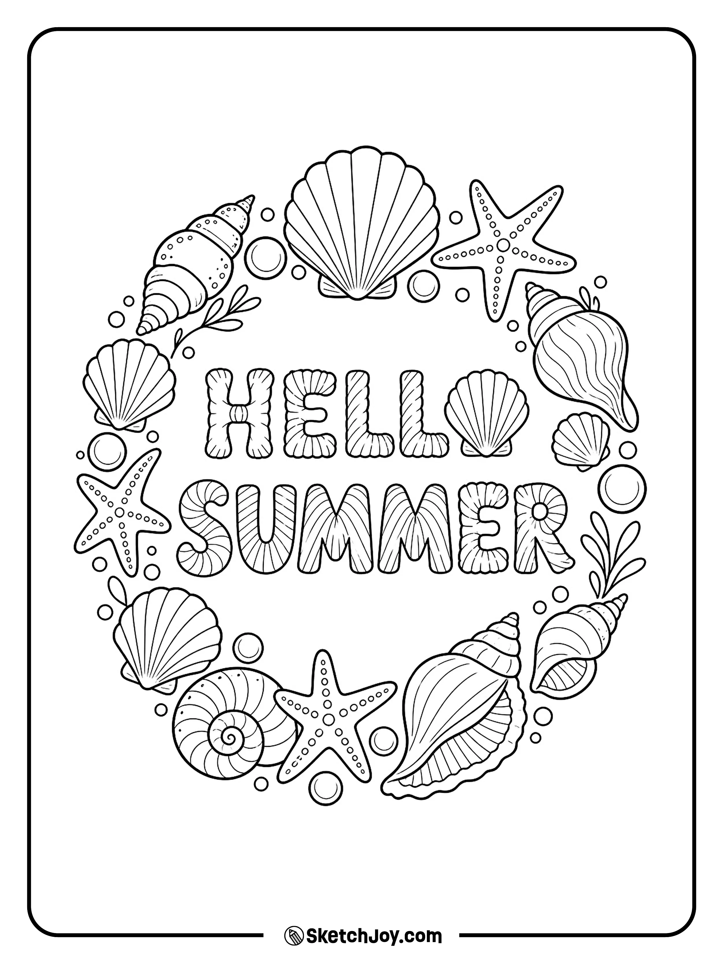 A shell wreath wraps around soft summer words.