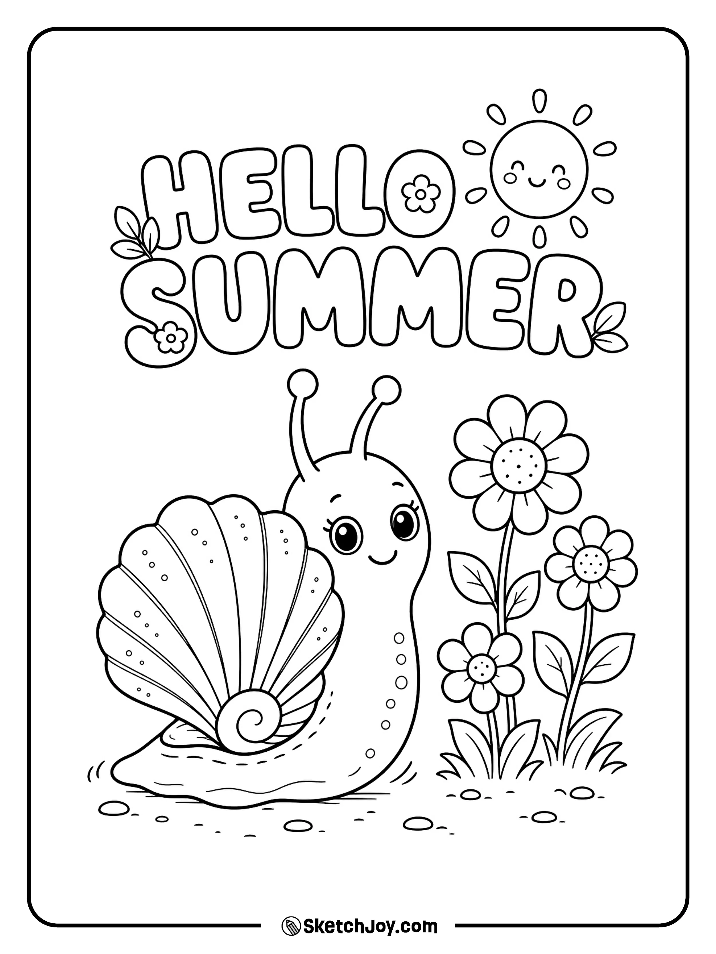 A cute snail carries a beach shell past flowers.