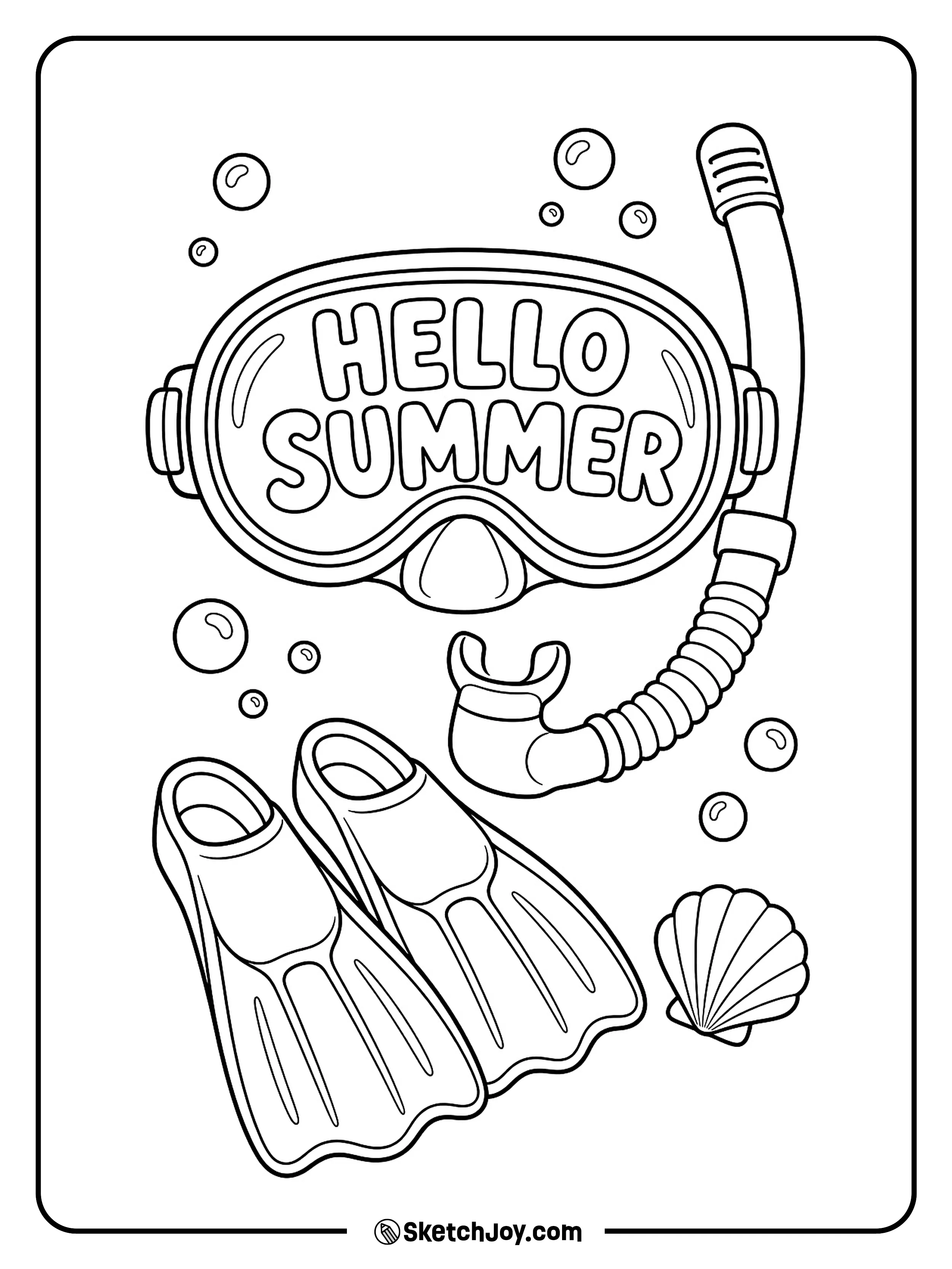 A snorkel mask rests with fins, bubbles, and a shell.