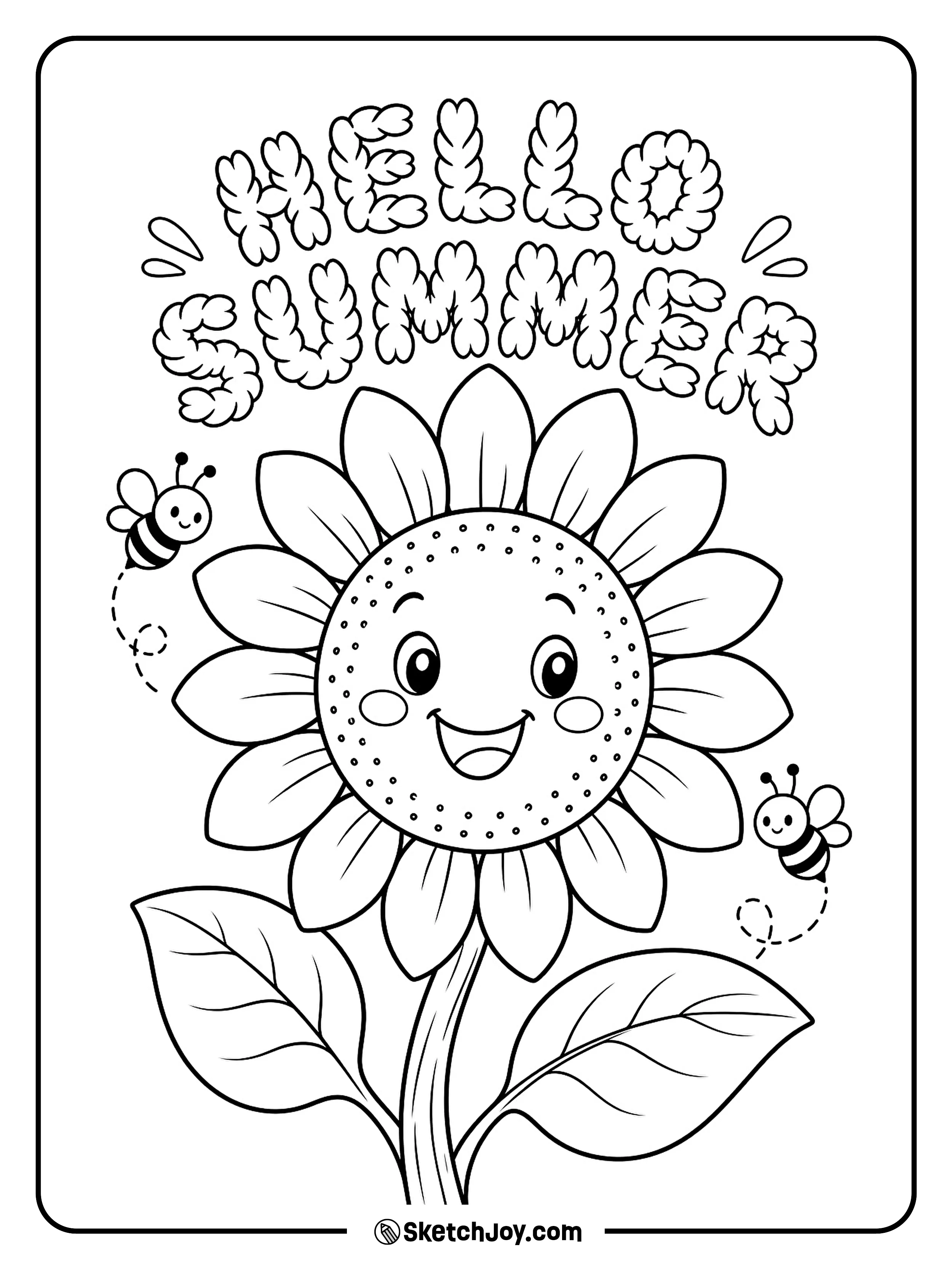 A large sunflower smiles with bees and leaves.