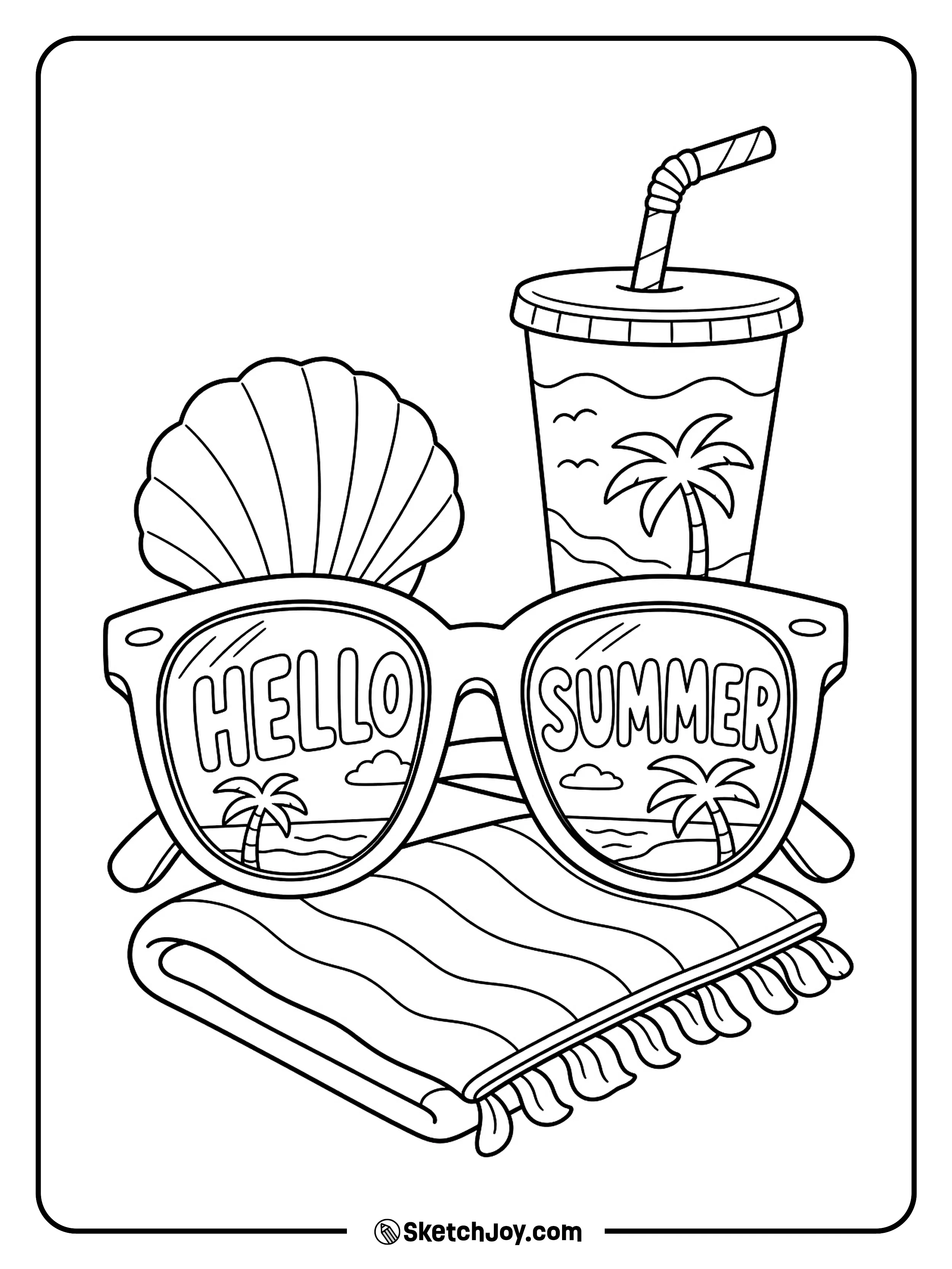 Big sunglasses sit beside a shell and a cold drink.